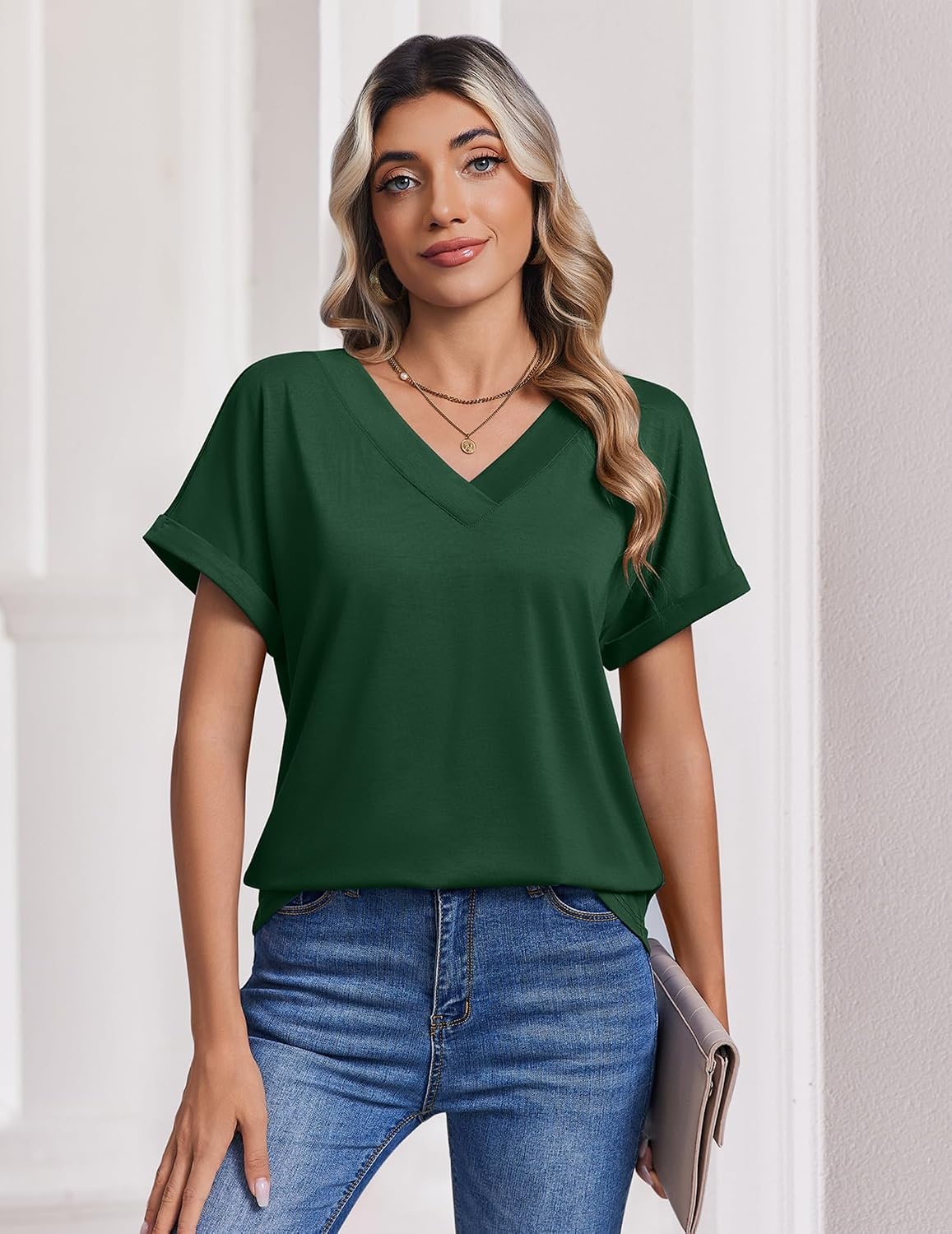 image:imageZeagoo Womens Summer Tops Rolled Short Sleeve Shirts Dressy Casual Blouses1green