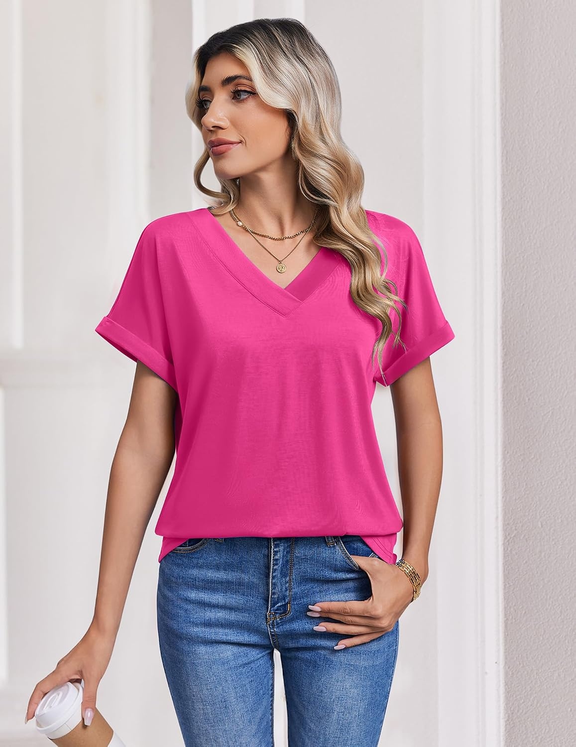 image:imageZeagoo Womens Summer Tops Rolled Short Sleeve Shirts Dressy Casual Blouses1hot Pink
