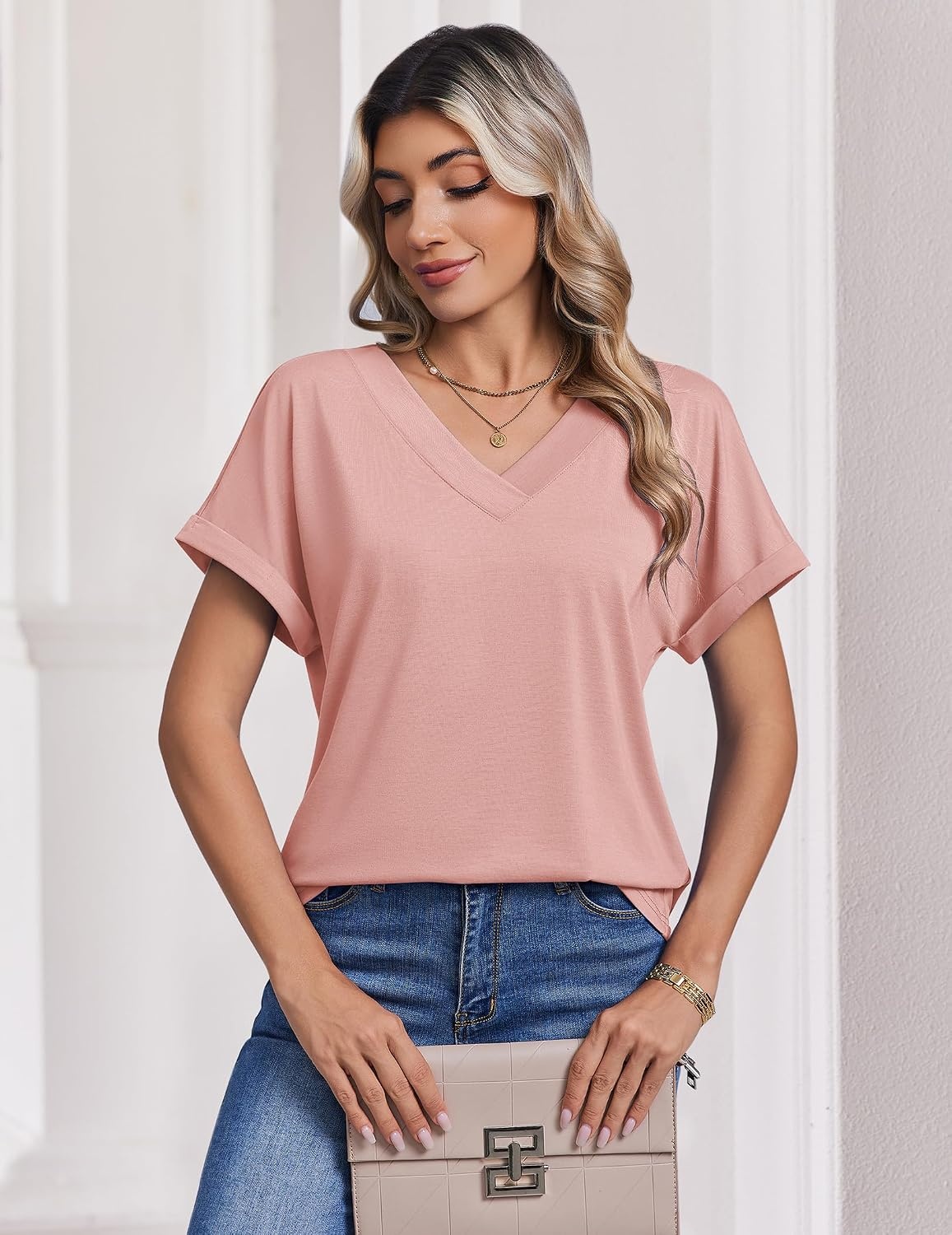 image:imageZeagoo Womens Summer Tops Rolled Short Sleeve Shirts Dressy Casual Blouses1pink