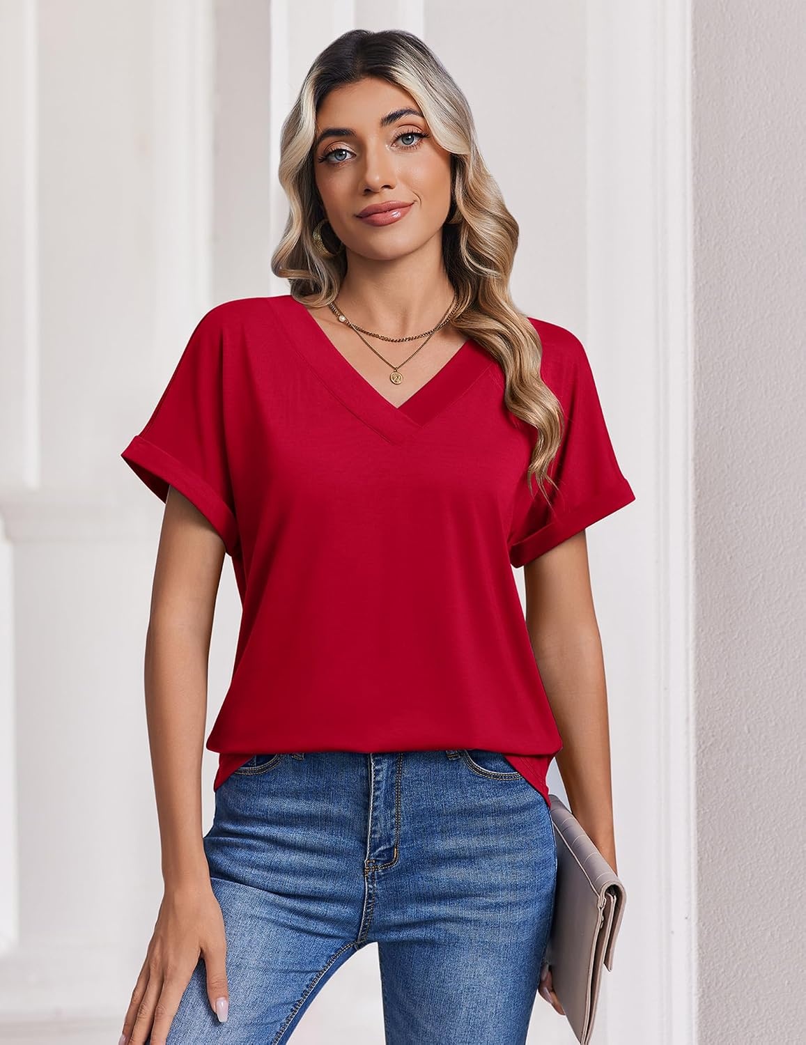 image:imageZeagoo Womens Summer Tops Rolled Short Sleeve Shirts Dressy Casual Blouses1red