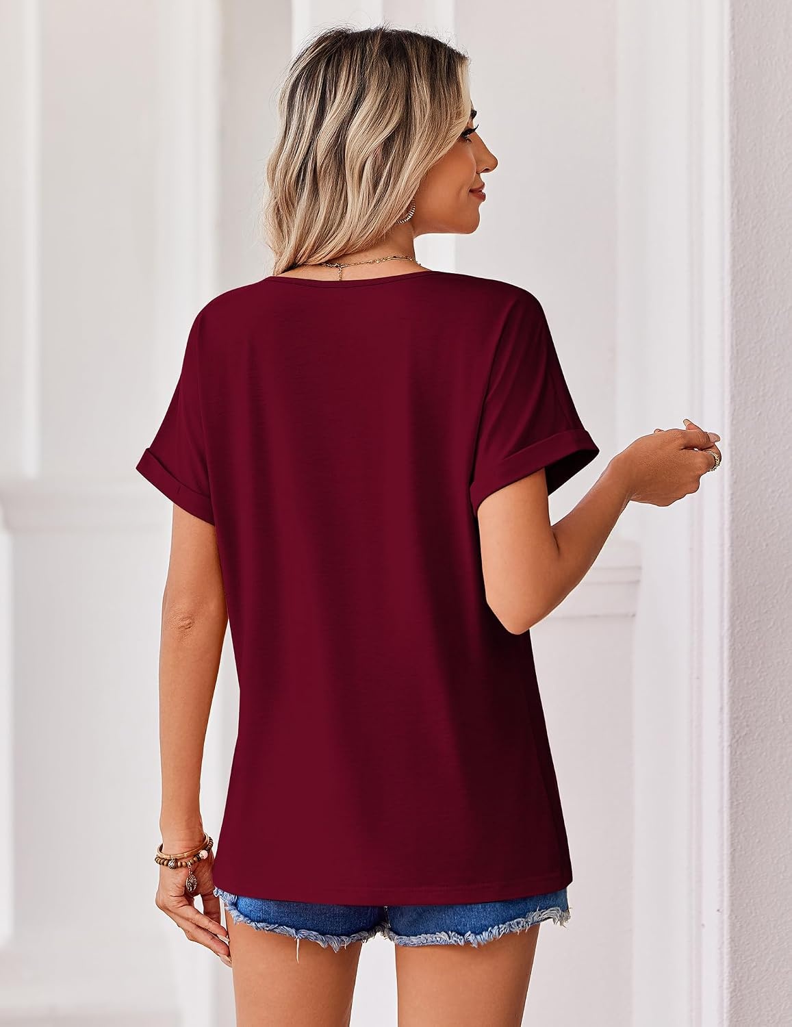 image:imageZeagoo Womens Summer Tops Rolled Short Sleeve Shirts Dressy Casual Blouses1wine Red2