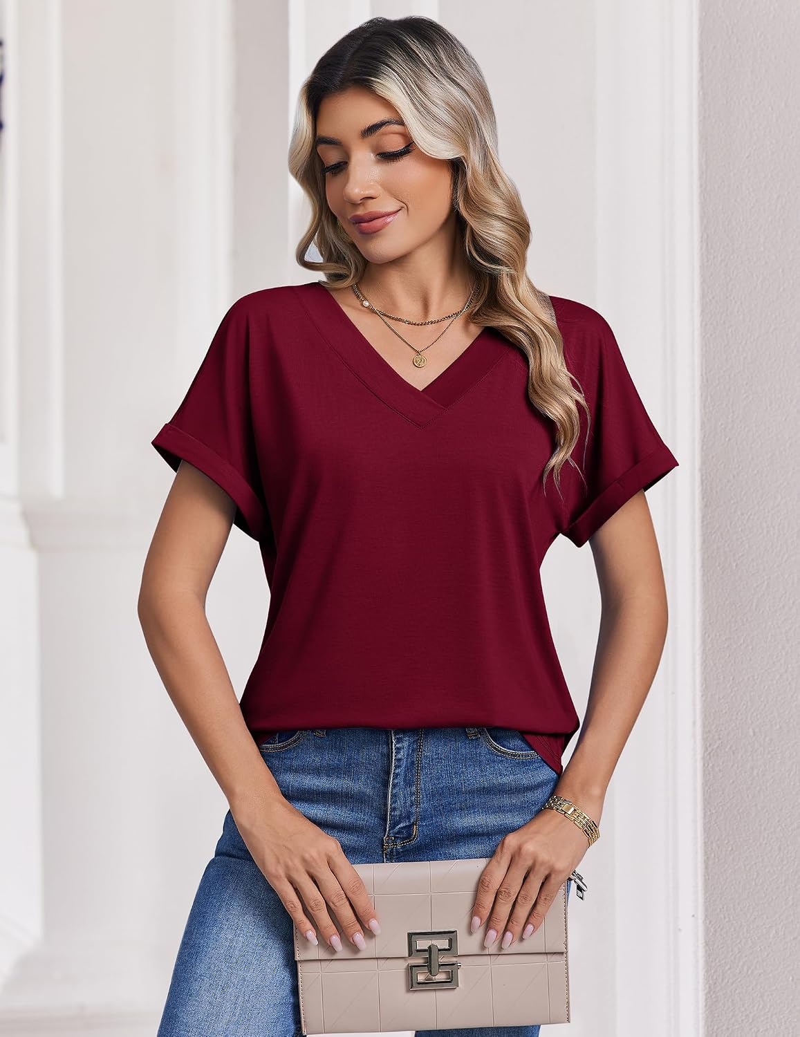image:imageZeagoo Womens Summer Tops Rolled Short Sleeve Shirts Dressy Casual Blouses1wine Red2