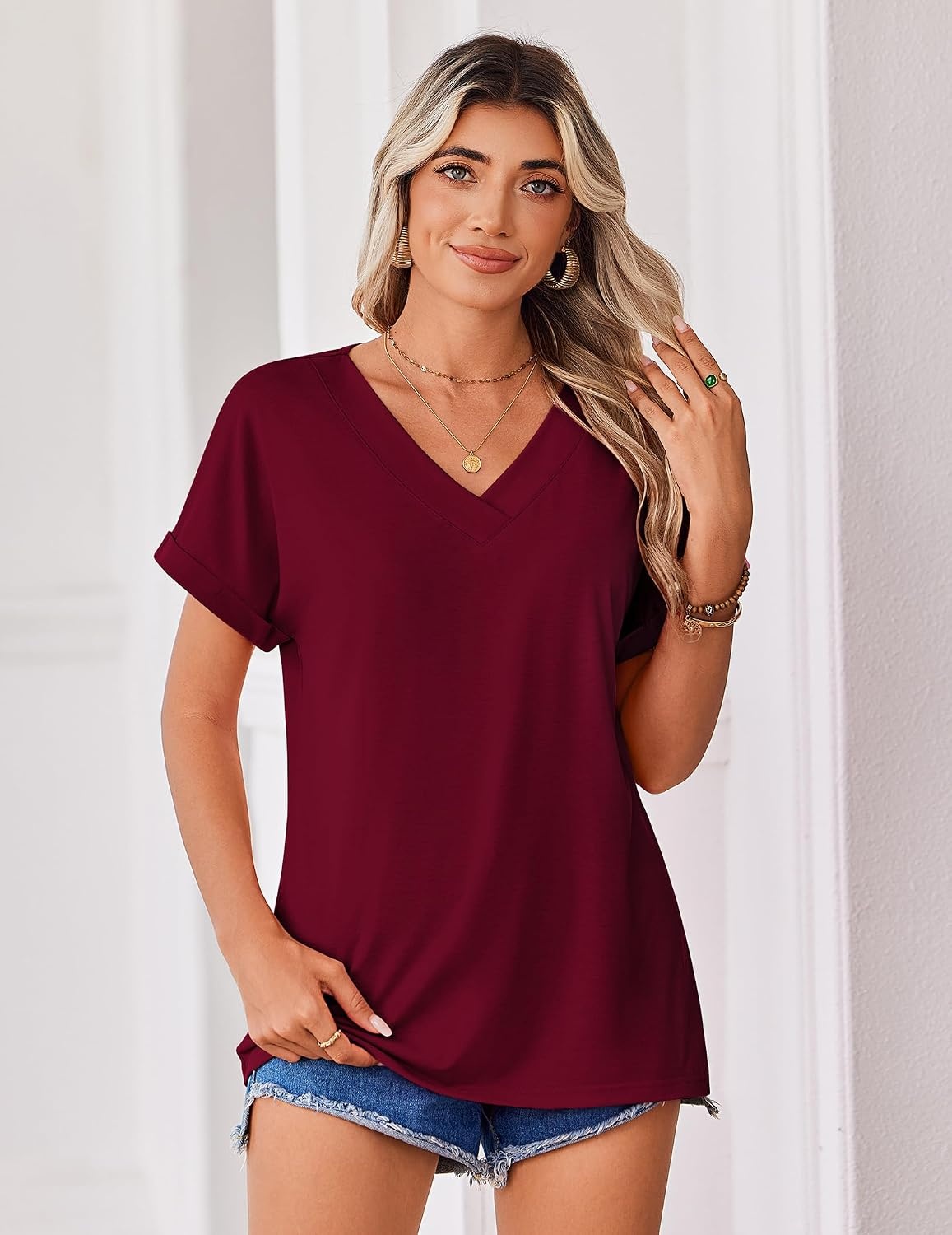 image:imageZeagoo Womens Summer Tops Rolled Short Sleeve Shirts Dressy Casual Blouses1wine Red2