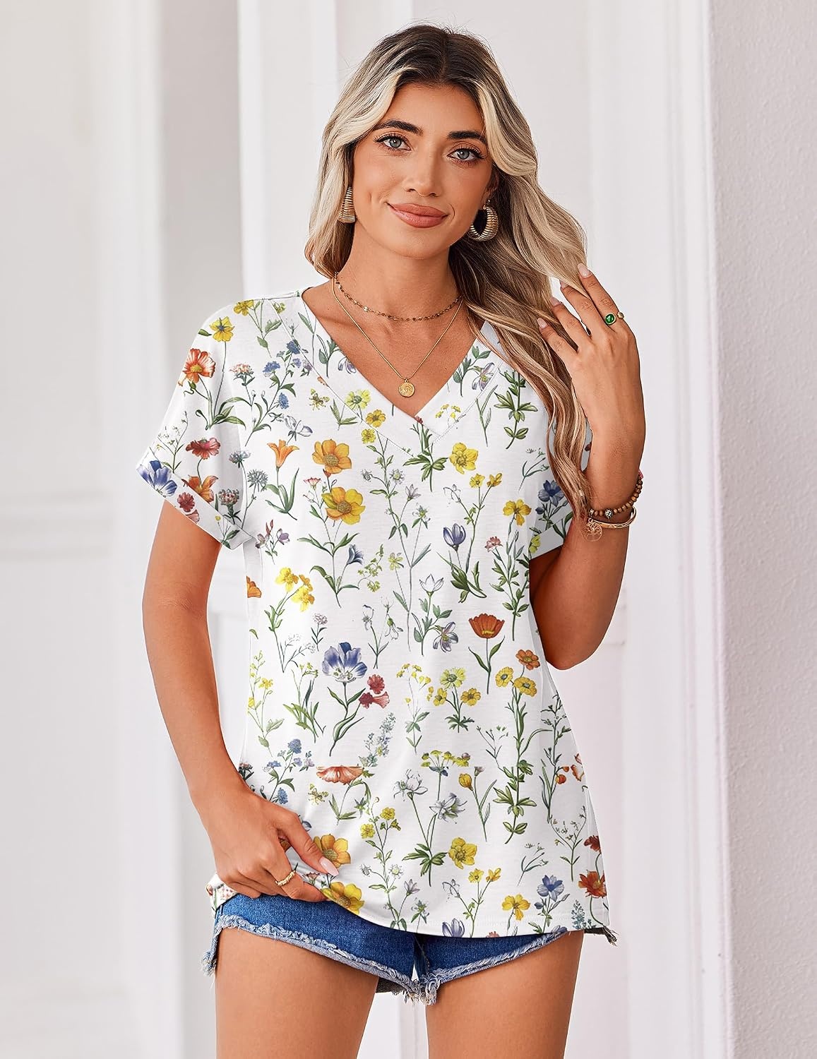 image:imageZeagoo Womens Summer Tops Rolled Short Sleeve Shirts Dressy Casual BlousesBeige Flowerxh403