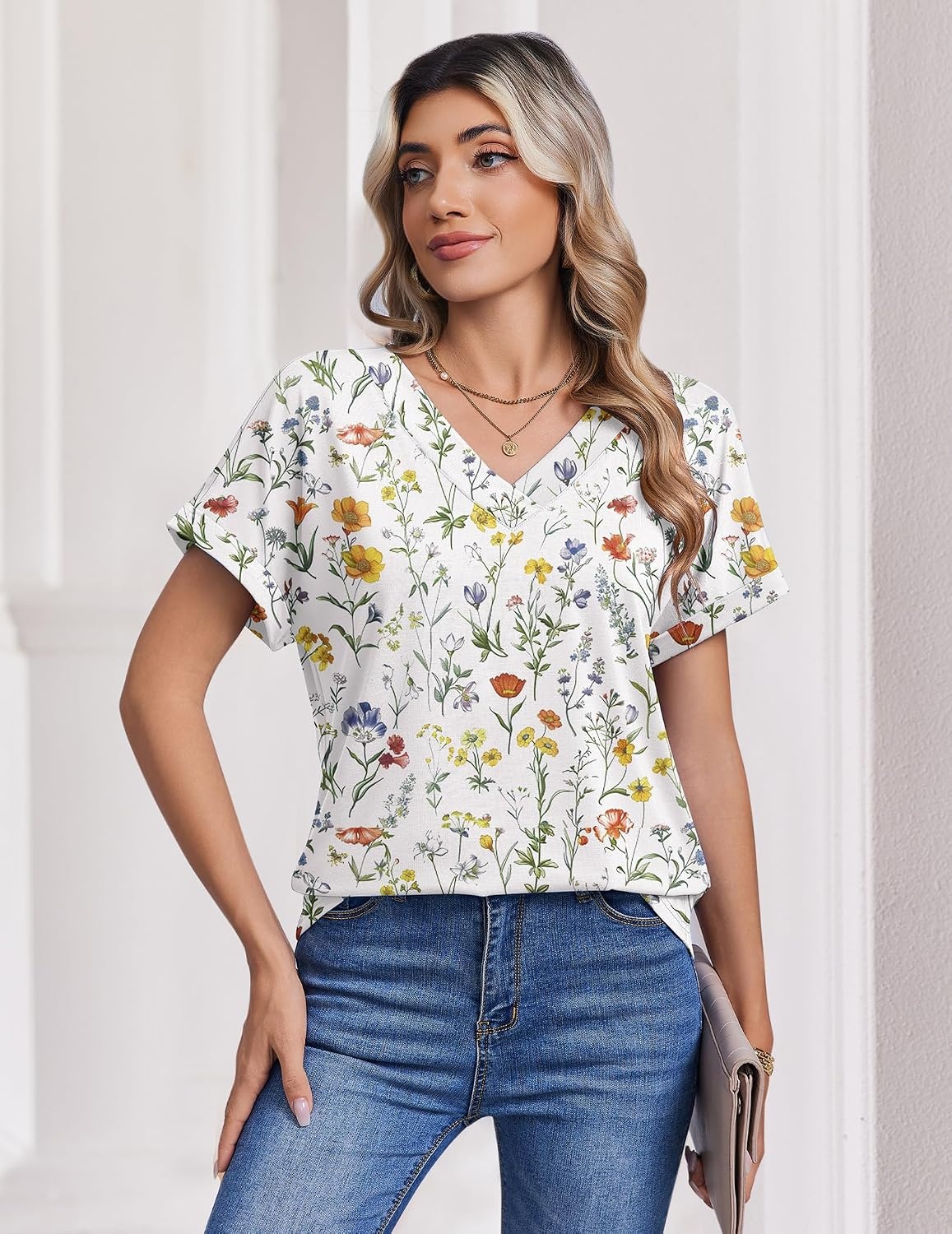 image:imageZeagoo Womens Summer Tops Rolled Short Sleeve Shirts Dressy Casual BlousesBeige Flowerxh403