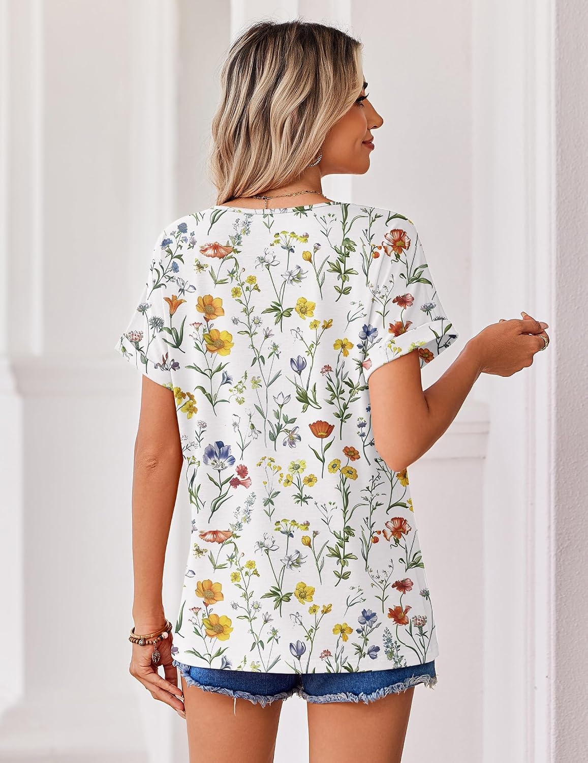 image:imageZeagoo Womens Summer Tops Rolled Short Sleeve Shirts Dressy Casual BlousesBeige Flowerxh403