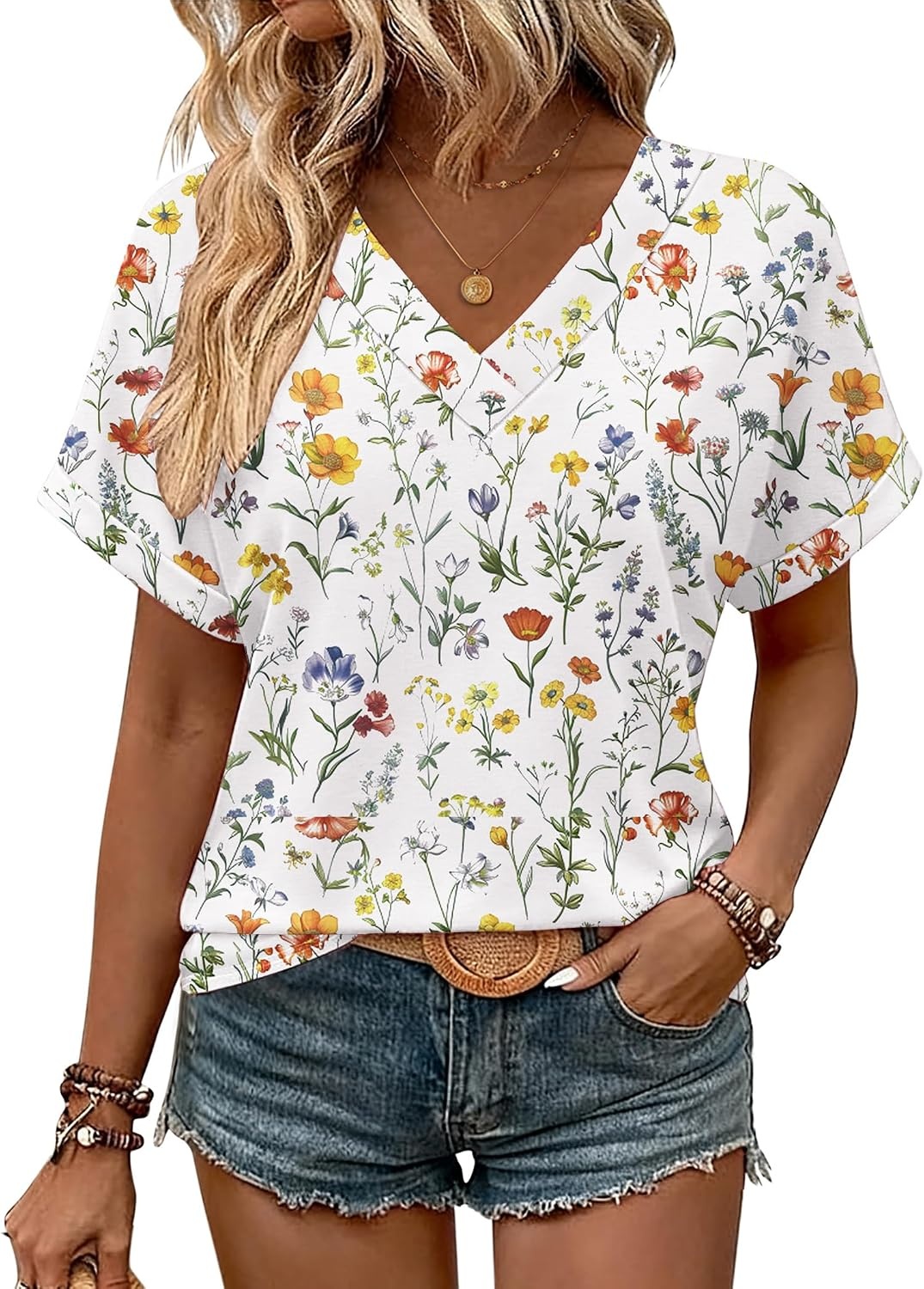 image:imageZeagoo Womens Summer Tops Rolled Short Sleeve Shirts Dressy Casual BlousesBeige Flowerxh403