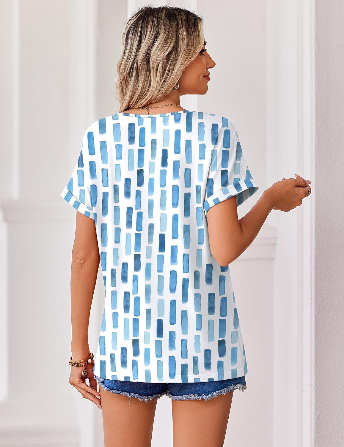 image:imageZeagoo Womens Summer Tops Rolled Short Sleeve Shirts Dressy Casual BlousesBlue Blockcx329
