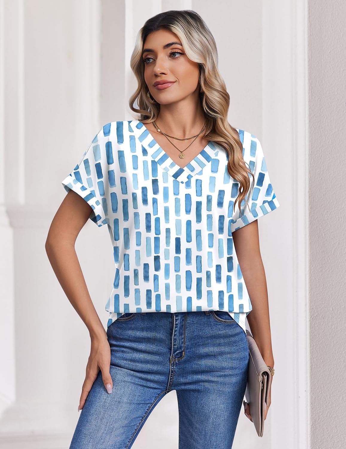 image:imageZeagoo Womens Summer Tops Rolled Short Sleeve Shirts Dressy Casual BlousesBlue Blockcx329