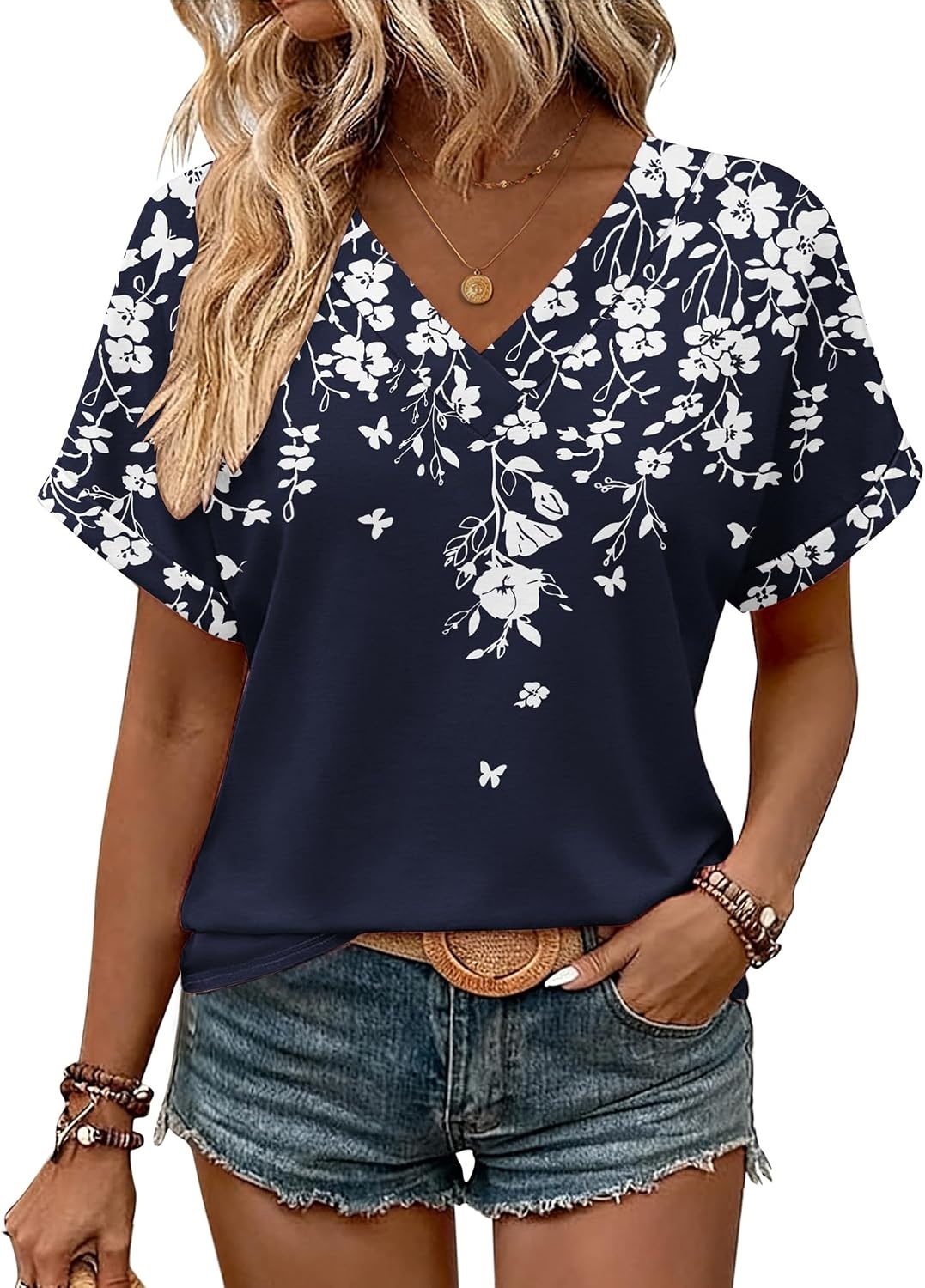 image:imageZeagoo Womens Summer Tops Rolled Short Sleeve Shirts Dressy Casual BlousesBlue Flowersf103