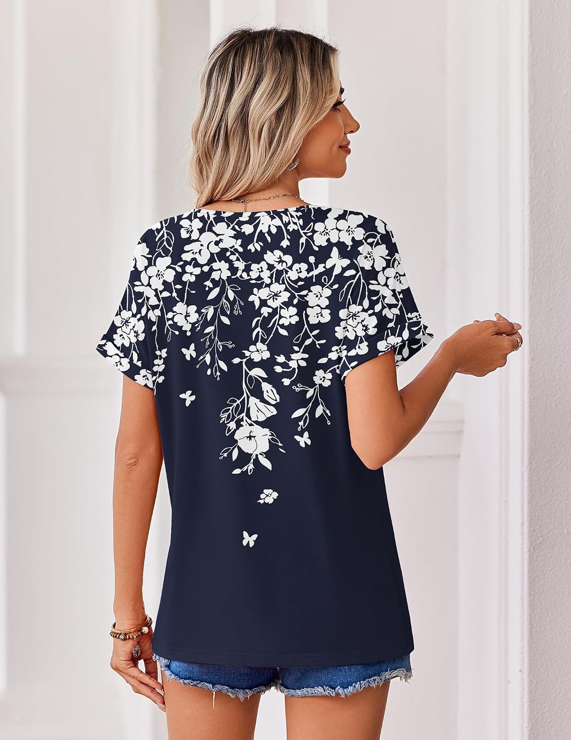 image:imageZeagoo Womens Summer Tops Rolled Short Sleeve Shirts Dressy Casual BlousesBlue Flowersf103