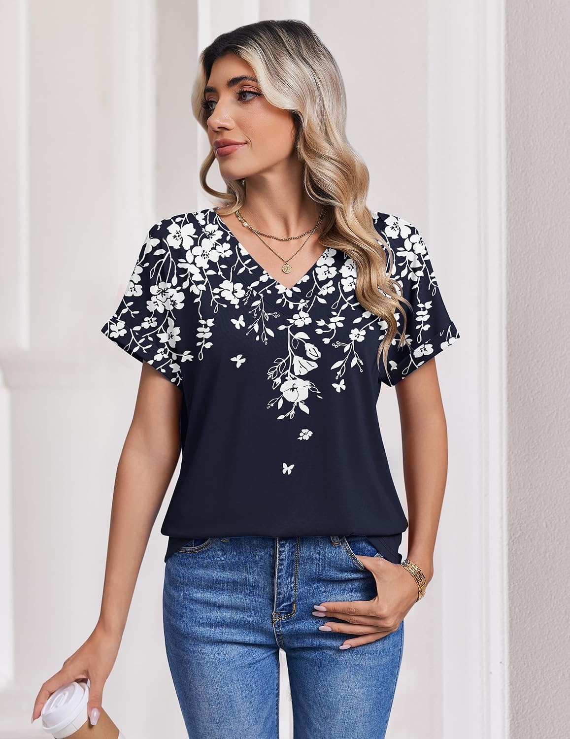 image:imageZeagoo Womens Summer Tops Rolled Short Sleeve Shirts Dressy Casual BlousesBlue Flowersf103