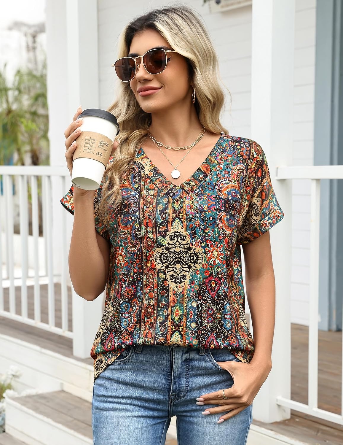 image:imageZeagoo Womens Summer Tops Rolled Short Sleeve Shirts Dressy Casual BlousesBohomz721