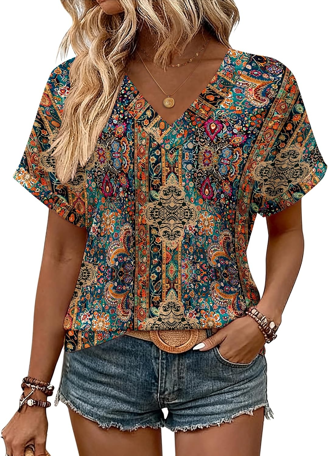 image:imageZeagoo Womens Summer Tops Rolled Short Sleeve Shirts Dressy Casual BlousesBohomz721