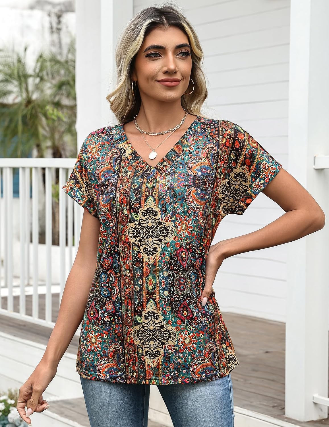 image:imageZeagoo Womens Summer Tops Rolled Short Sleeve Shirts Dressy Casual BlousesBohomz721