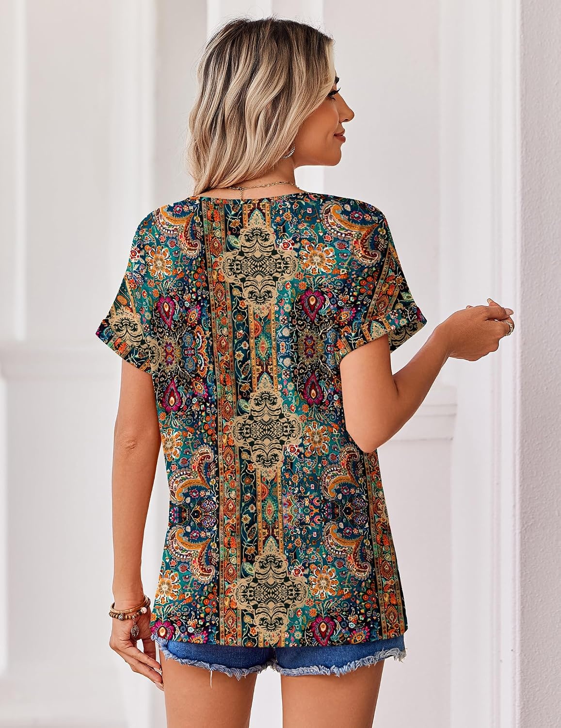 image:imageZeagoo Womens Summer Tops Rolled Short Sleeve Shirts Dressy Casual BlousesBohomz721
