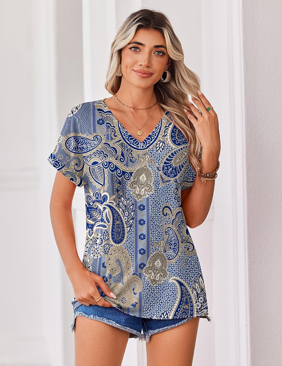 image:imageZeagoo Womens Summer Tops Rolled Short Sleeve Shirts Dressy Casual BlousesBohomz919