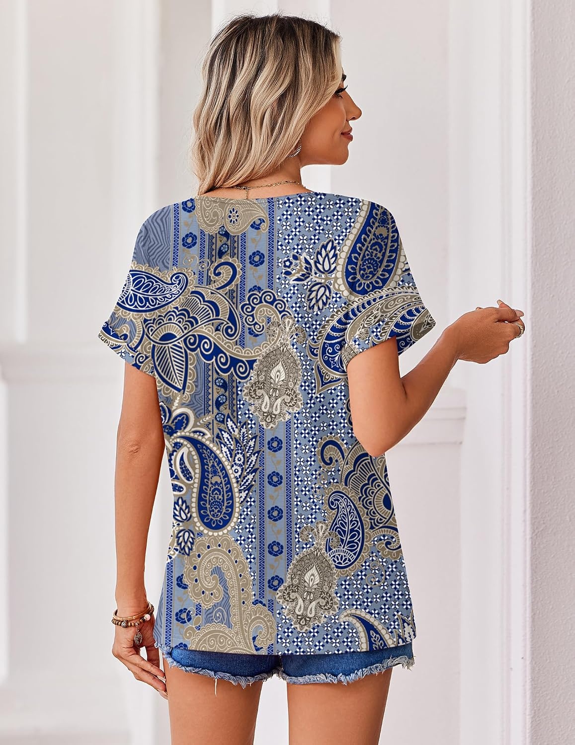 image:imageZeagoo Womens Summer Tops Rolled Short Sleeve Shirts Dressy Casual BlousesBohomz919