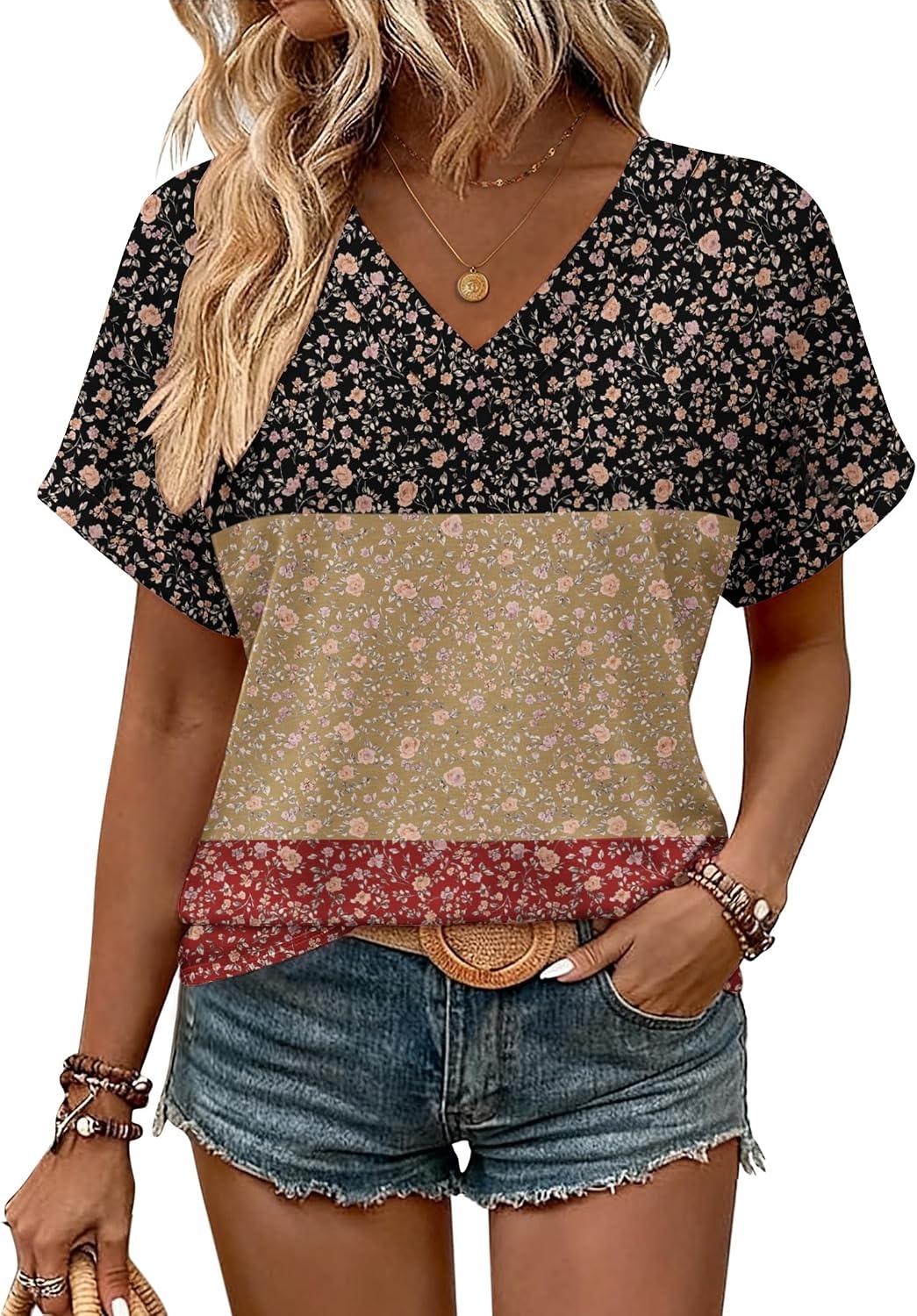 image:imageZeagoo Womens Summer Tops Rolled Short Sleeve Shirts Dressy Casual BlousesFlowerxh553