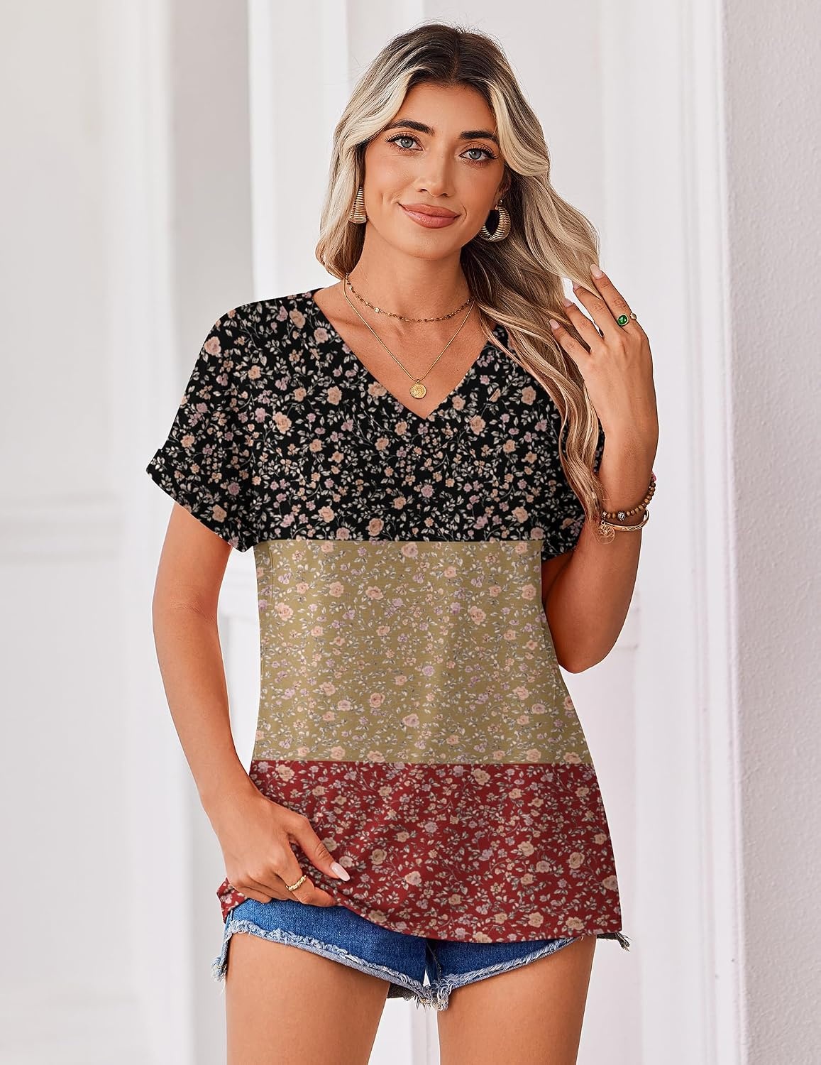 image:imageZeagoo Womens Summer Tops Rolled Short Sleeve Shirts Dressy Casual BlousesFlowerxh553