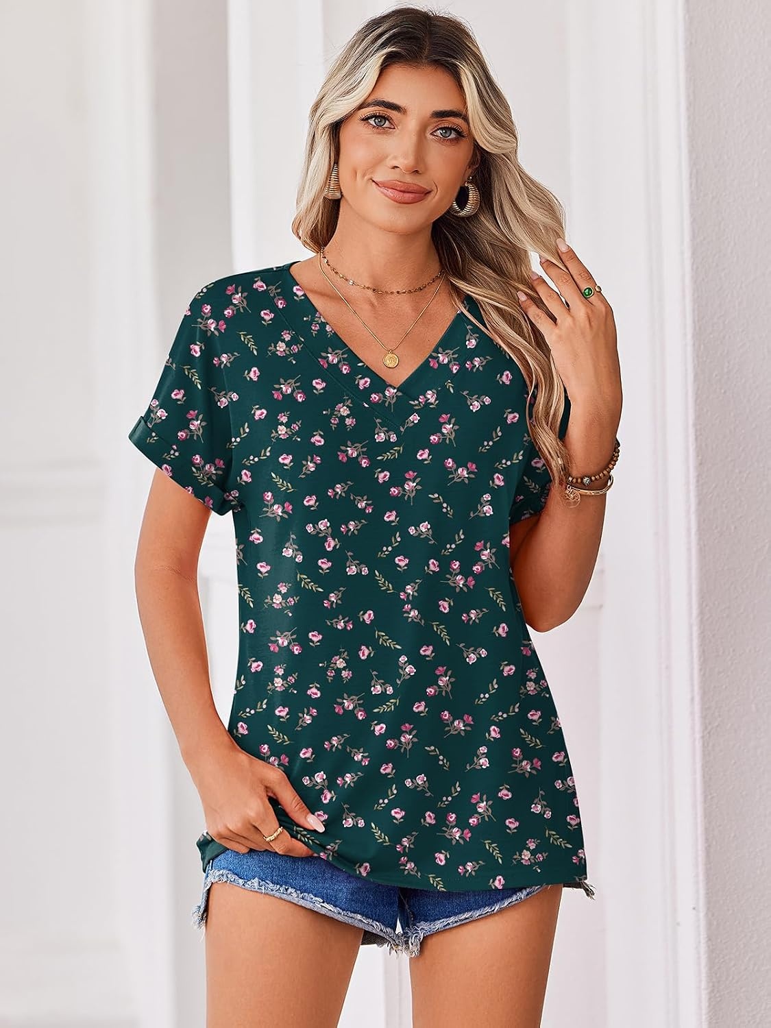image:imageZeagoo Womens Summer Tops Rolled Short Sleeve Shirts Dressy Casual BlousesGreen Flowersxh522