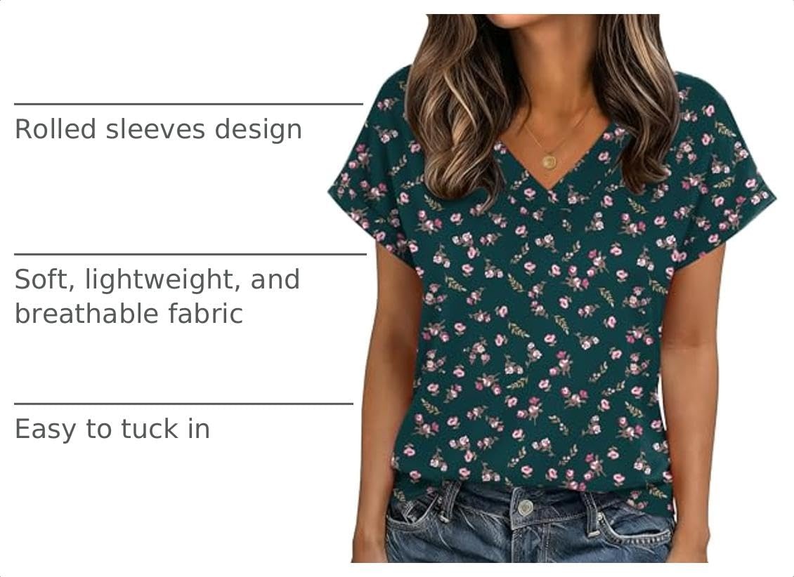 image:imageZeagoo Womens Summer Tops Rolled Short Sleeve Shirts Dressy Casual BlousesGreen Flowersxh522