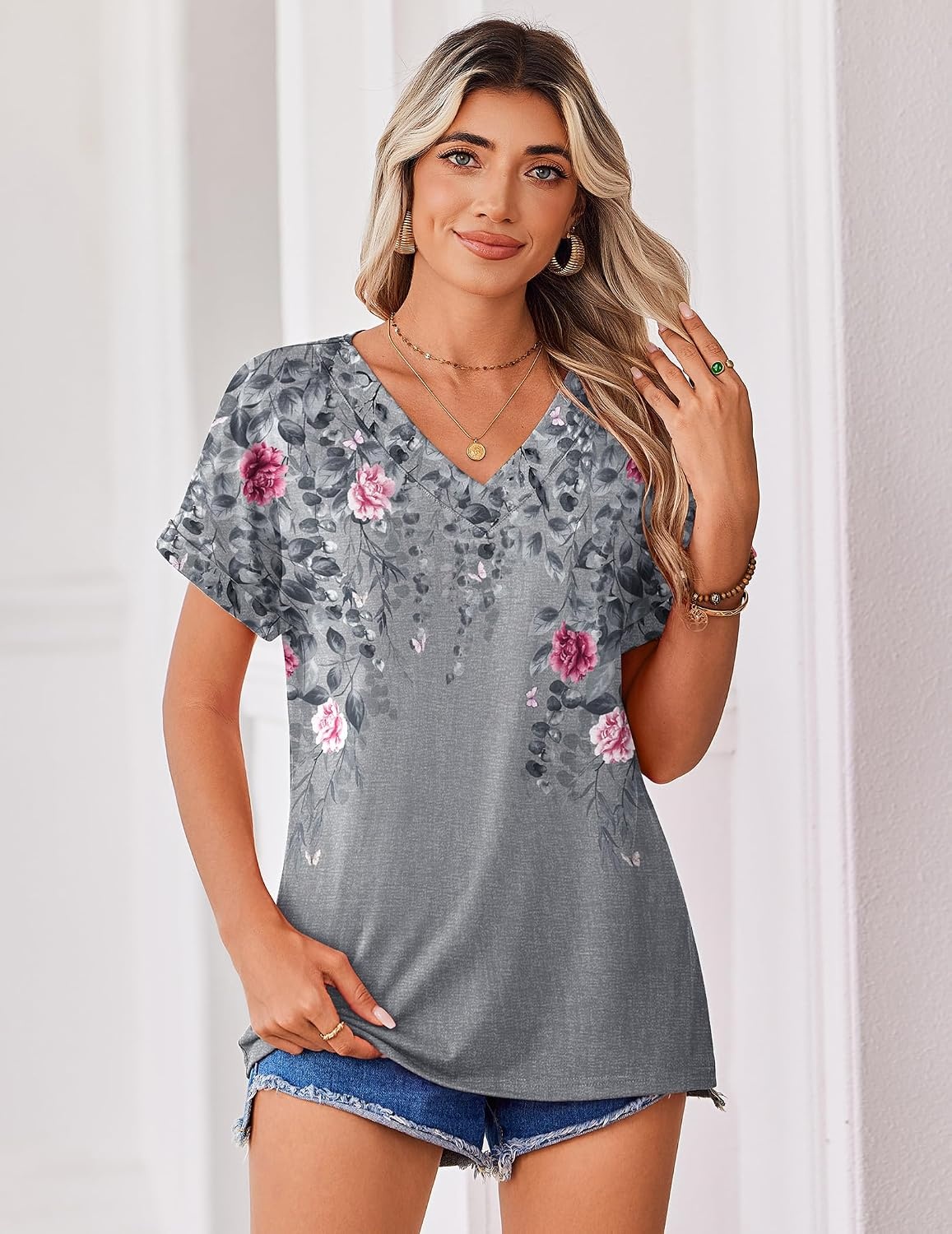 image:imageZeagoo Womens Summer Tops Rolled Short Sleeve Shirts Dressy Casual BlousesGrey Flowerhf36