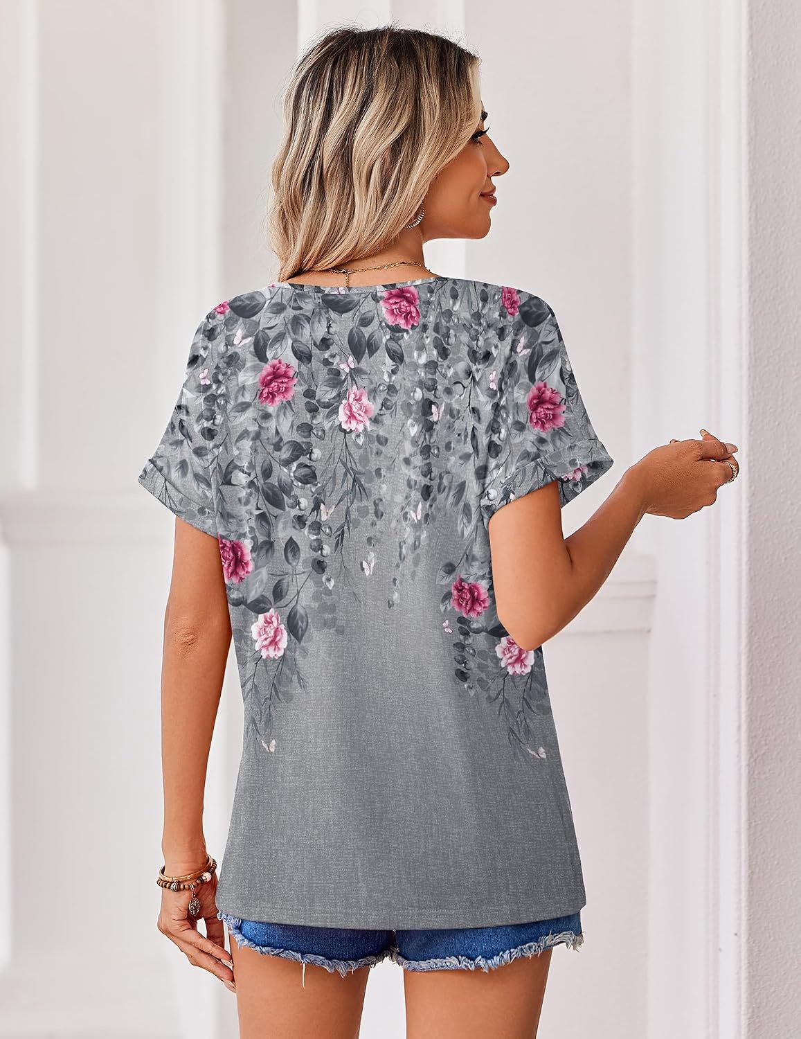 image:imageZeagoo Womens Summer Tops Rolled Short Sleeve Shirts Dressy Casual BlousesGrey Flowerhf36