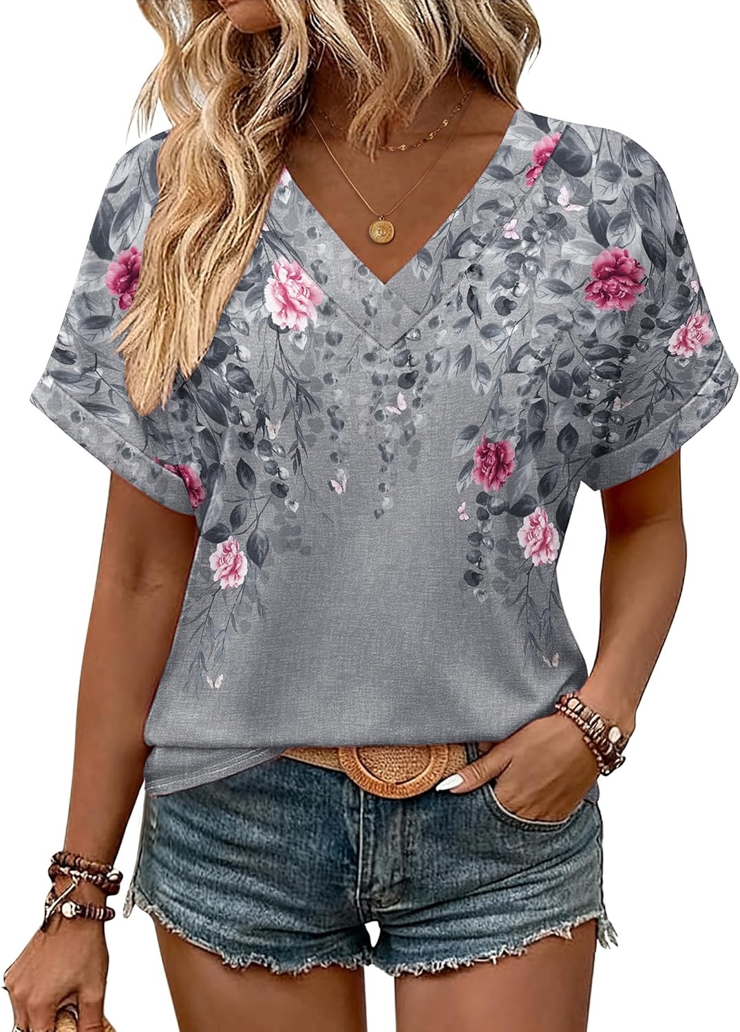 image:imageZeagoo Womens Summer Tops Rolled Short Sleeve Shirts Dressy Casual BlousesGrey Flowerhf36