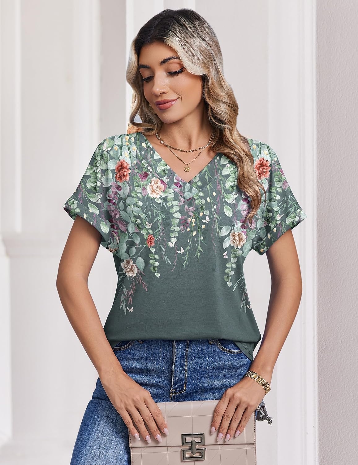 image:imageZeagoo Womens Summer Tops Rolled Short Sleeve Shirts Dressy Casual BlousesGrey Flowerwf71