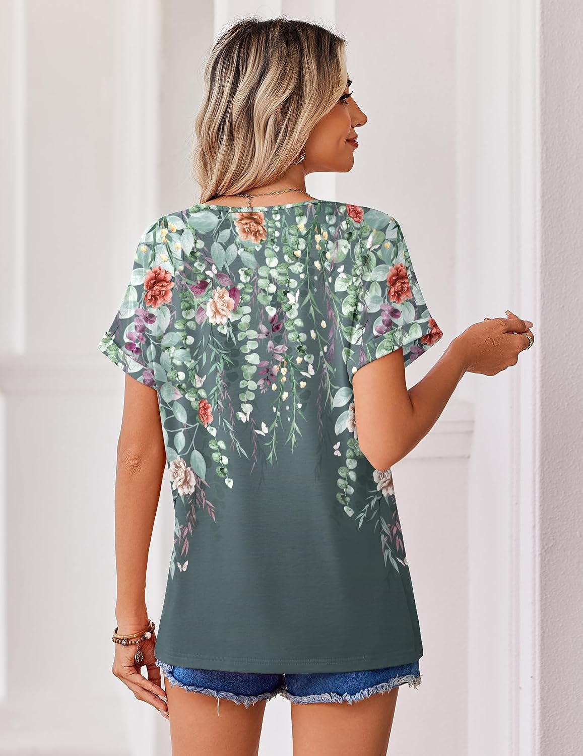 image:imageZeagoo Womens Summer Tops Rolled Short Sleeve Shirts Dressy Casual BlousesGrey Flowerwf71
