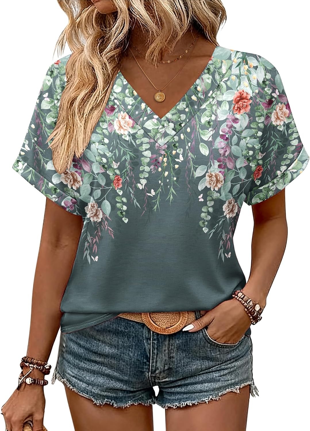 image:imageZeagoo Womens Summer Tops Rolled Short Sleeve Shirts Dressy Casual BlousesGrey Flowerwf71