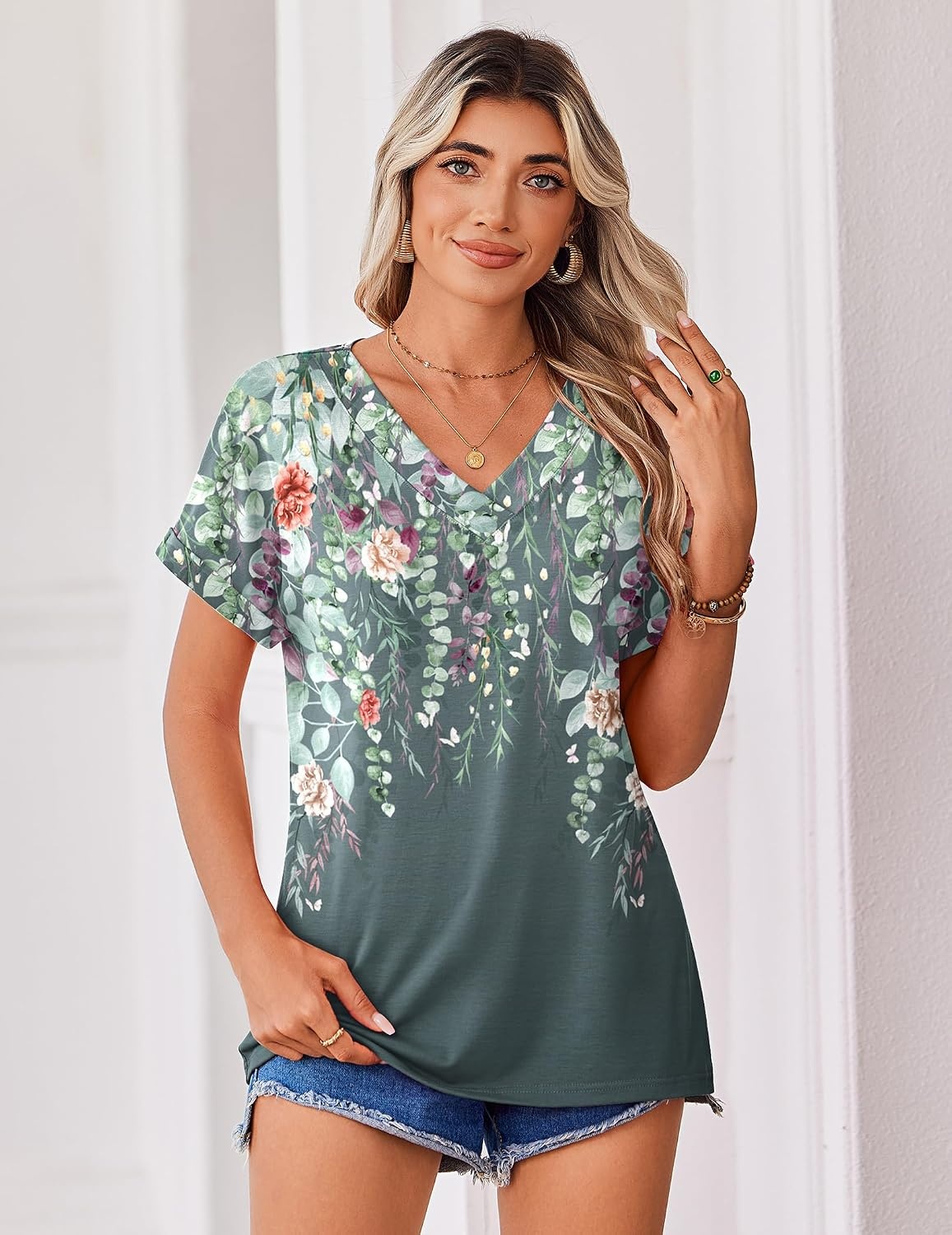 image:imageZeagoo Womens Summer Tops Rolled Short Sleeve Shirts Dressy Casual BlousesGrey Flowerwf71