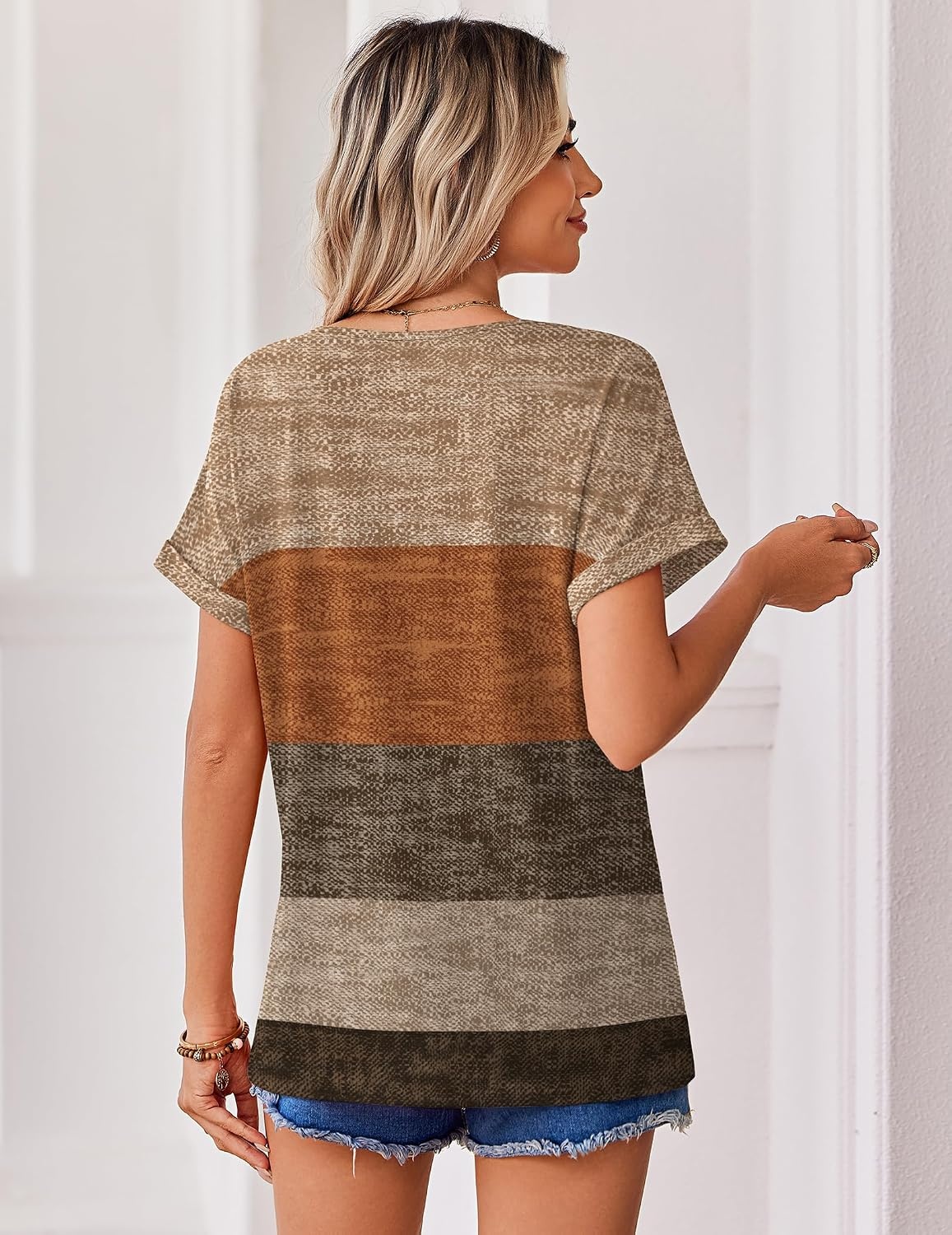 image:imageZeagoo Womens Summer Tops Rolled Short Sleeve Shirts Dressy Casual BlousesKhakijh398
