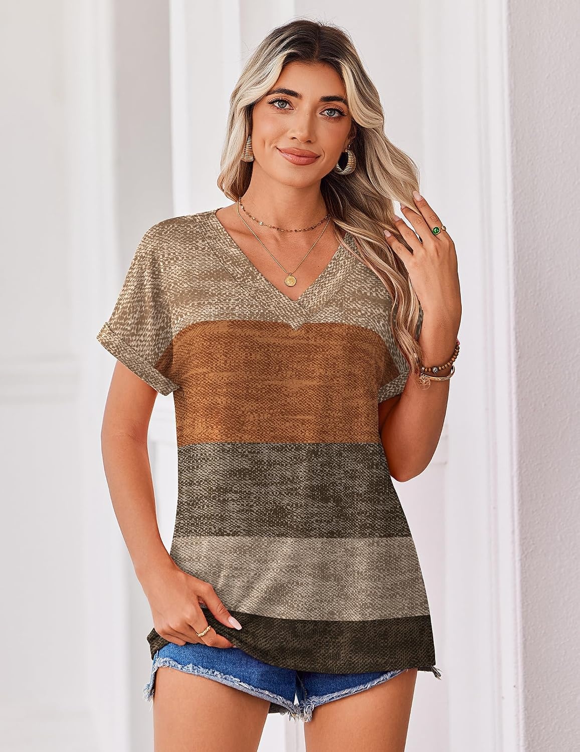 image:imageZeagoo Womens Summer Tops Rolled Short Sleeve Shirts Dressy Casual BlousesKhakijh398