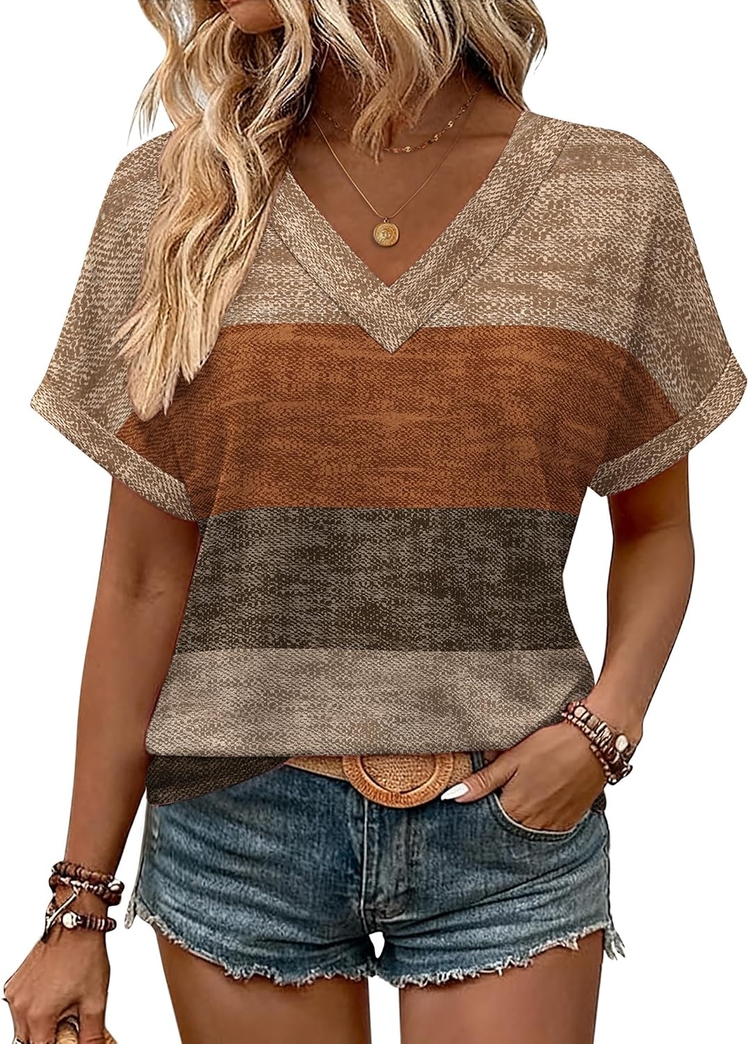 image:imageZeagoo Womens Summer Tops Rolled Short Sleeve Shirts Dressy Casual BlousesKhakijh398