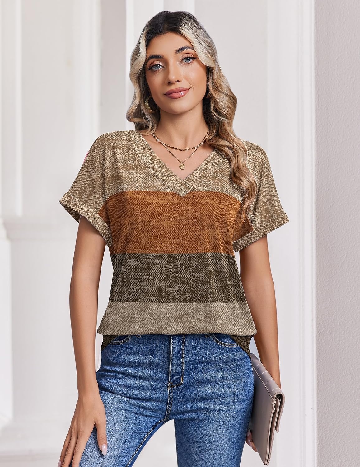 image:imageZeagoo Womens Summer Tops Rolled Short Sleeve Shirts Dressy Casual BlousesKhakijh398