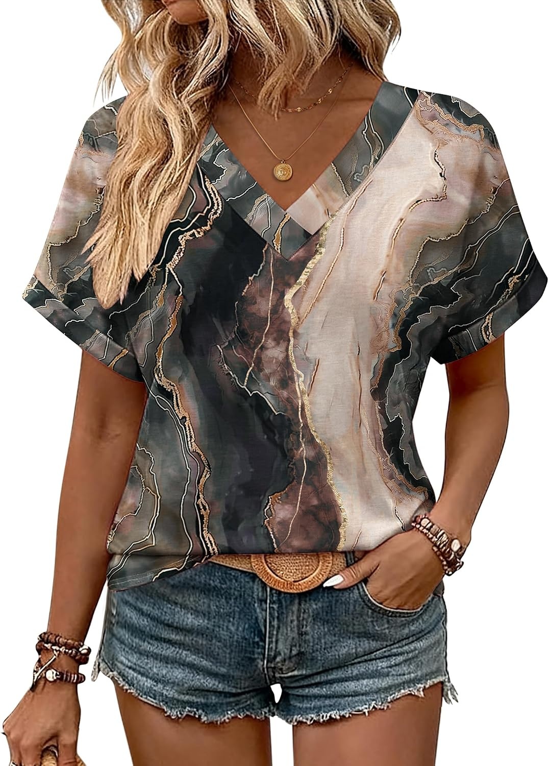 image:imageZeagoo Womens Summer Tops Rolled Short Sleeve Shirts Dressy Casual BlousesMulticolorcx278