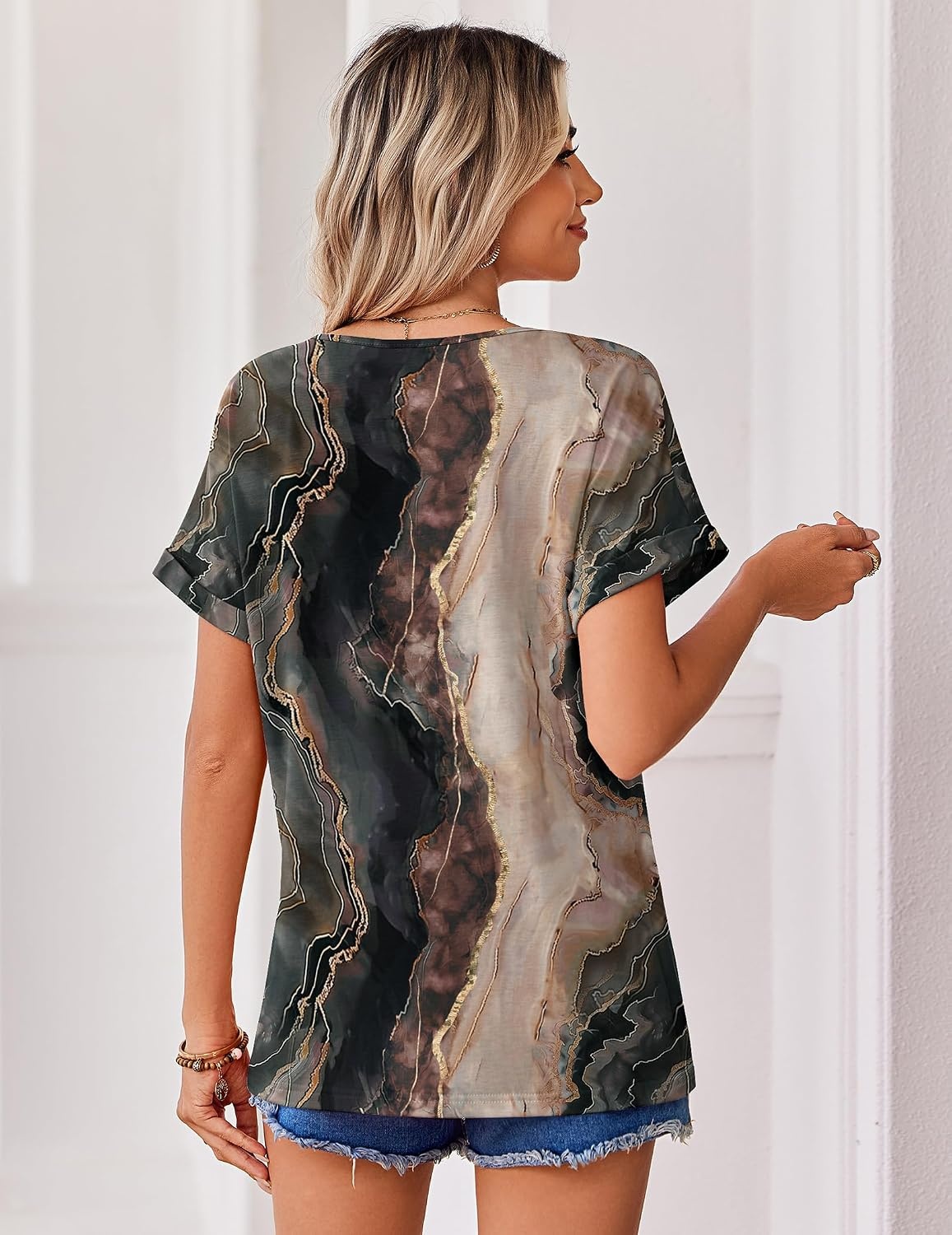 image:imageZeagoo Womens Summer Tops Rolled Short Sleeve Shirts Dressy Casual BlousesMulticolorcx278