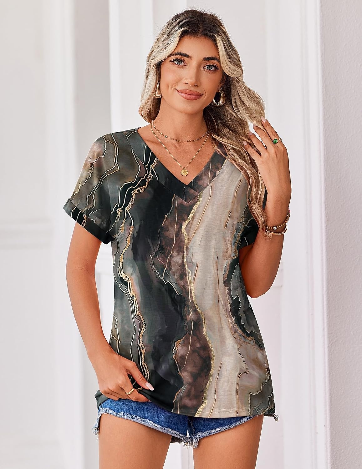 image:imageZeagoo Womens Summer Tops Rolled Short Sleeve Shirts Dressy Casual BlousesMulticolorcx278