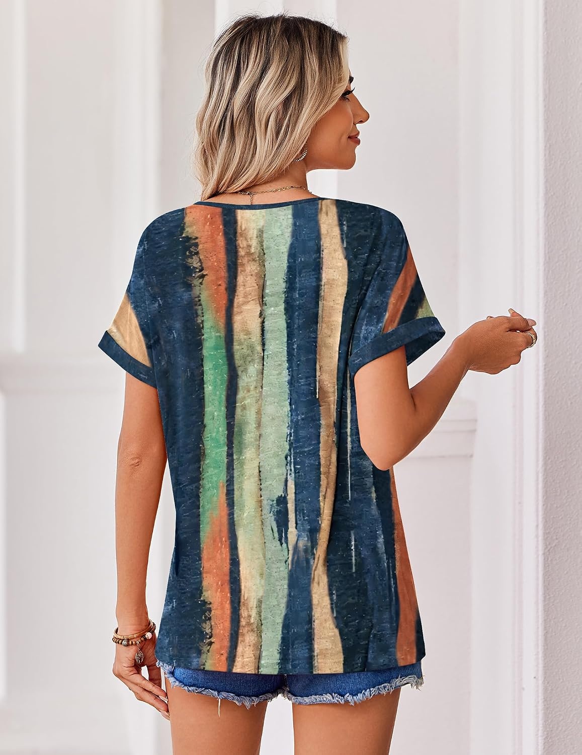 image:imageZeagoo Womens Summer Tops Rolled Short Sleeve Shirts Dressy Casual BlousesMulticolorcx289