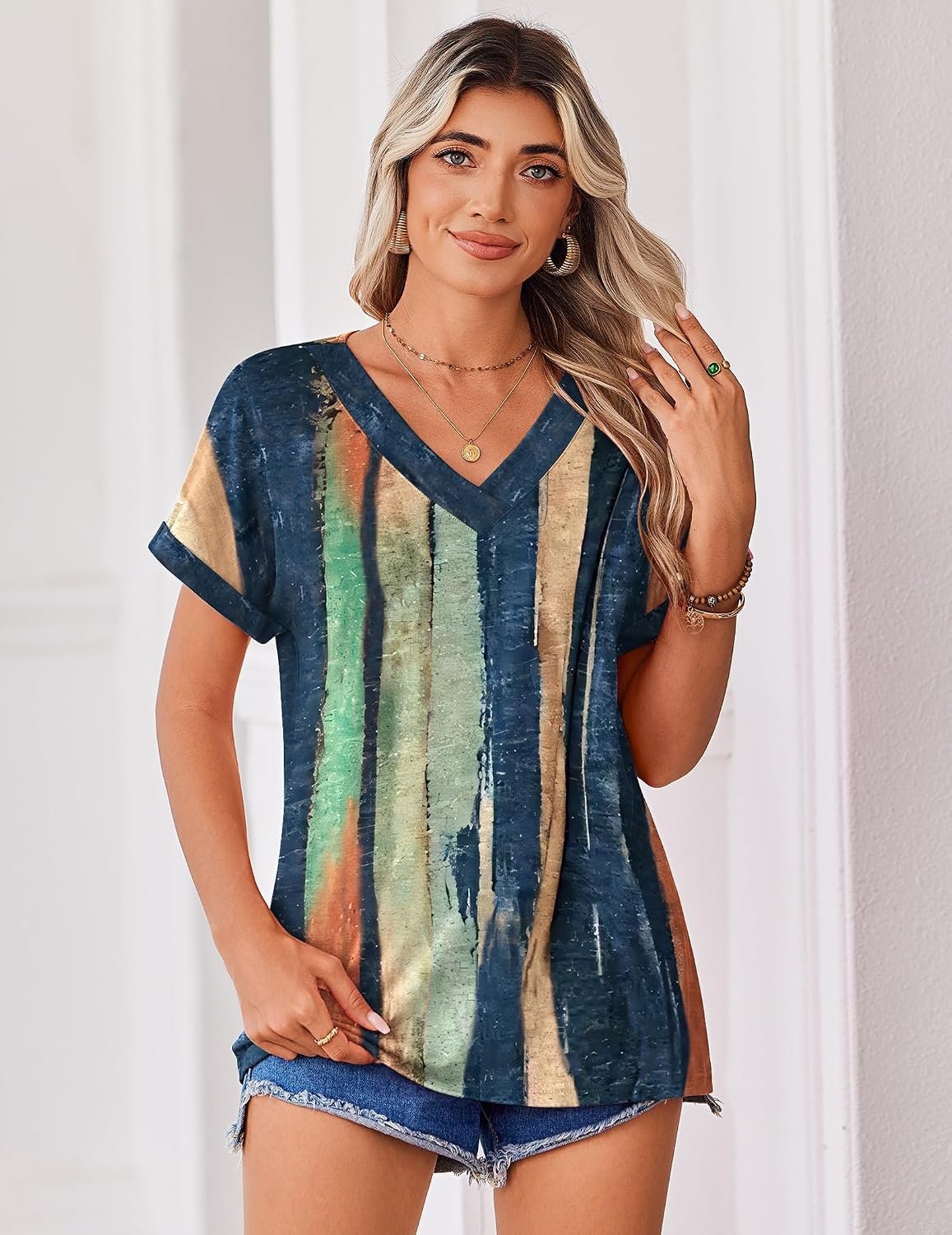 image:imageZeagoo Womens Summer Tops Rolled Short Sleeve Shirts Dressy Casual BlousesMulticolorcx289