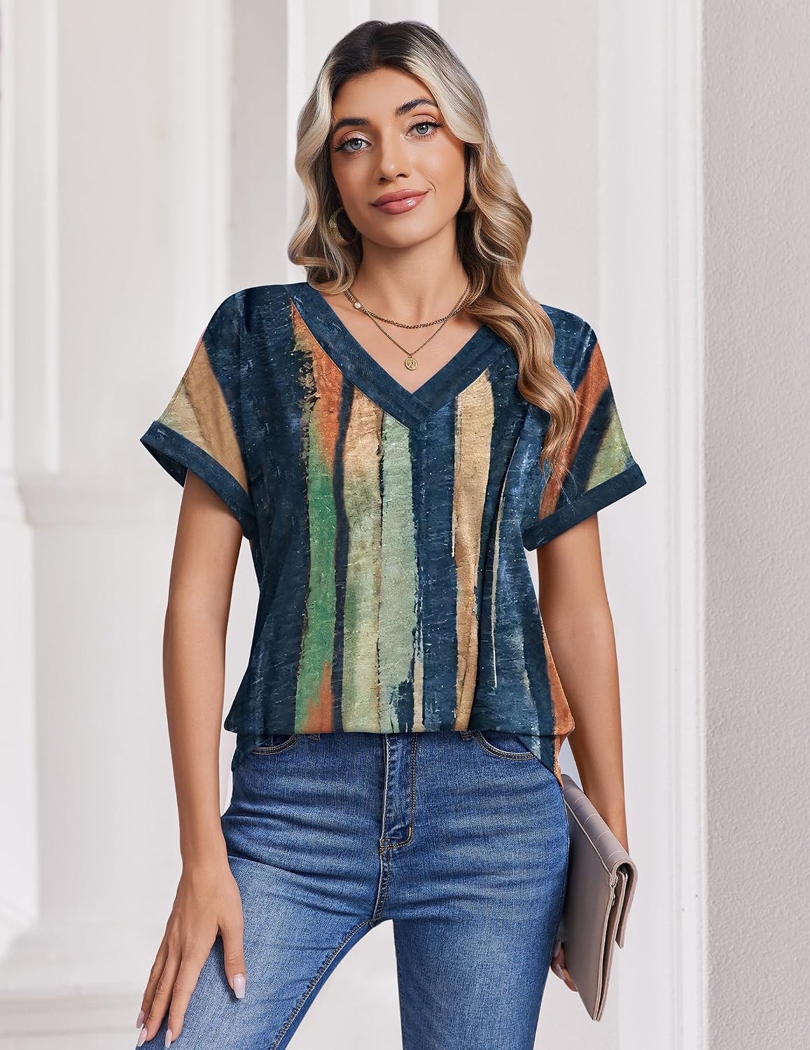 image:imageZeagoo Womens Summer Tops Rolled Short Sleeve Shirts Dressy Casual BlousesMulticolorcx289