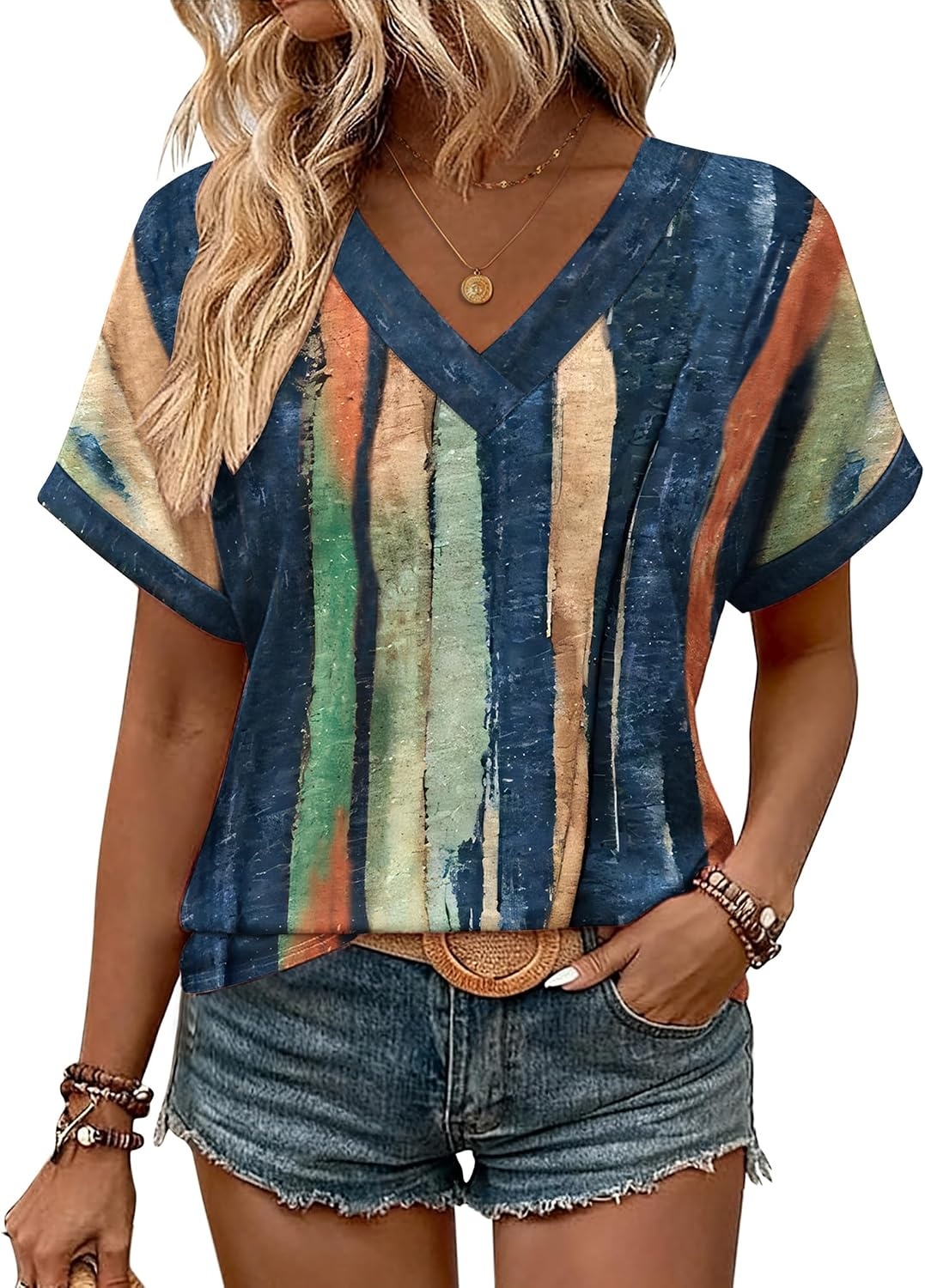 image:imageZeagoo Womens Summer Tops Rolled Short Sleeve Shirts Dressy Casual BlousesMulticolorcx289
