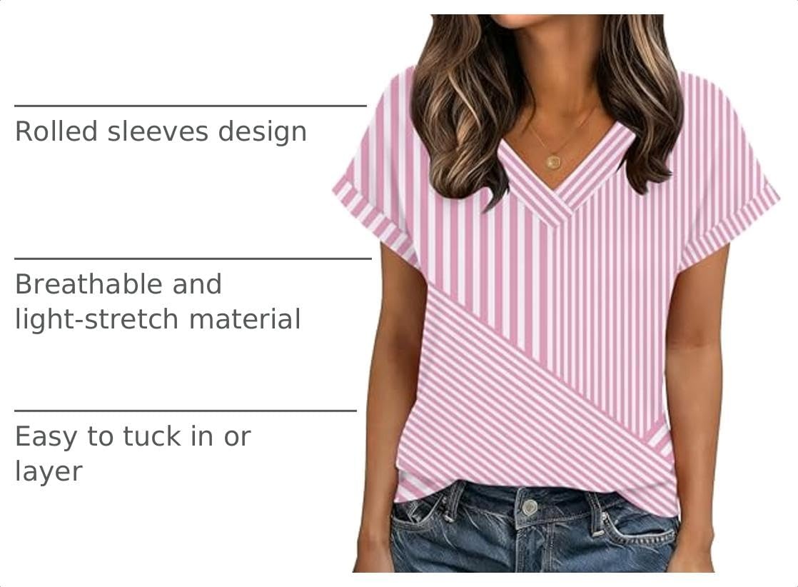 image:imageZeagoo Womens Summer Tops Rolled Short Sleeve Shirts Dressy Casual BlousesPink Stripestz300