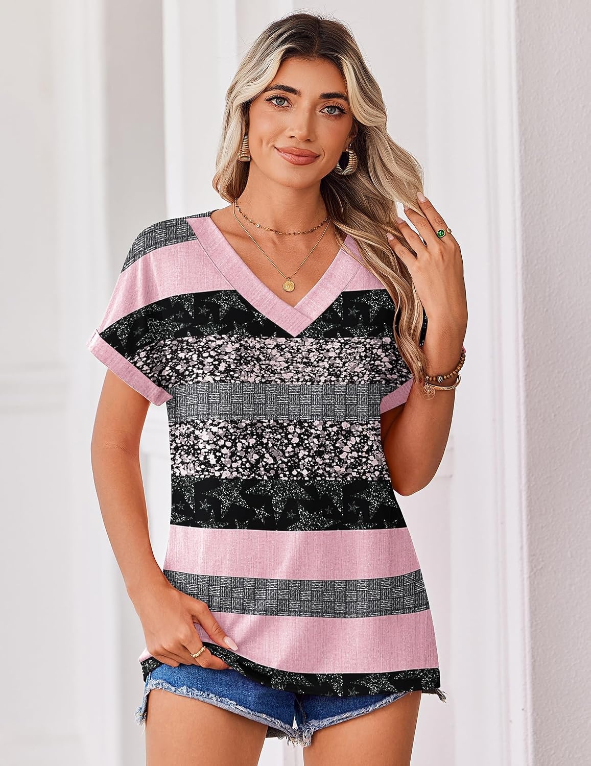 image:imageZeagoo Womens Summer Tops Rolled Short Sleeve Shirts Dressy Casual BlousesPink Stripetz245