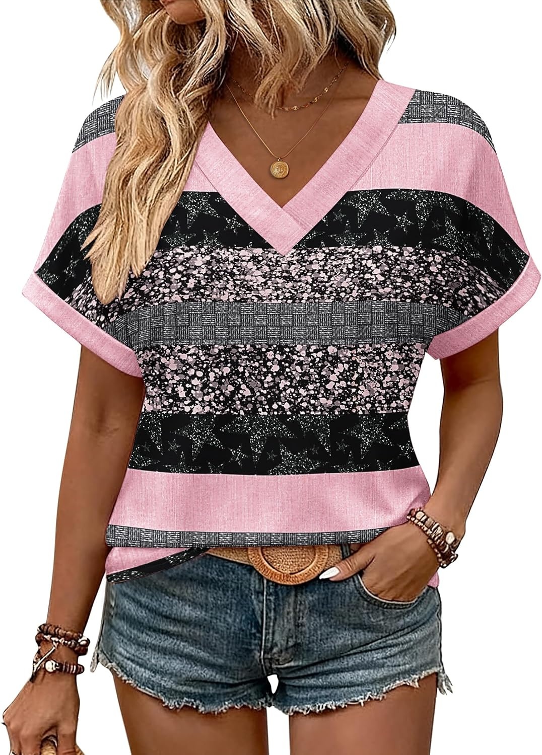 image:imageZeagoo Womens Summer Tops Rolled Short Sleeve Shirts Dressy Casual BlousesPink Stripetz245