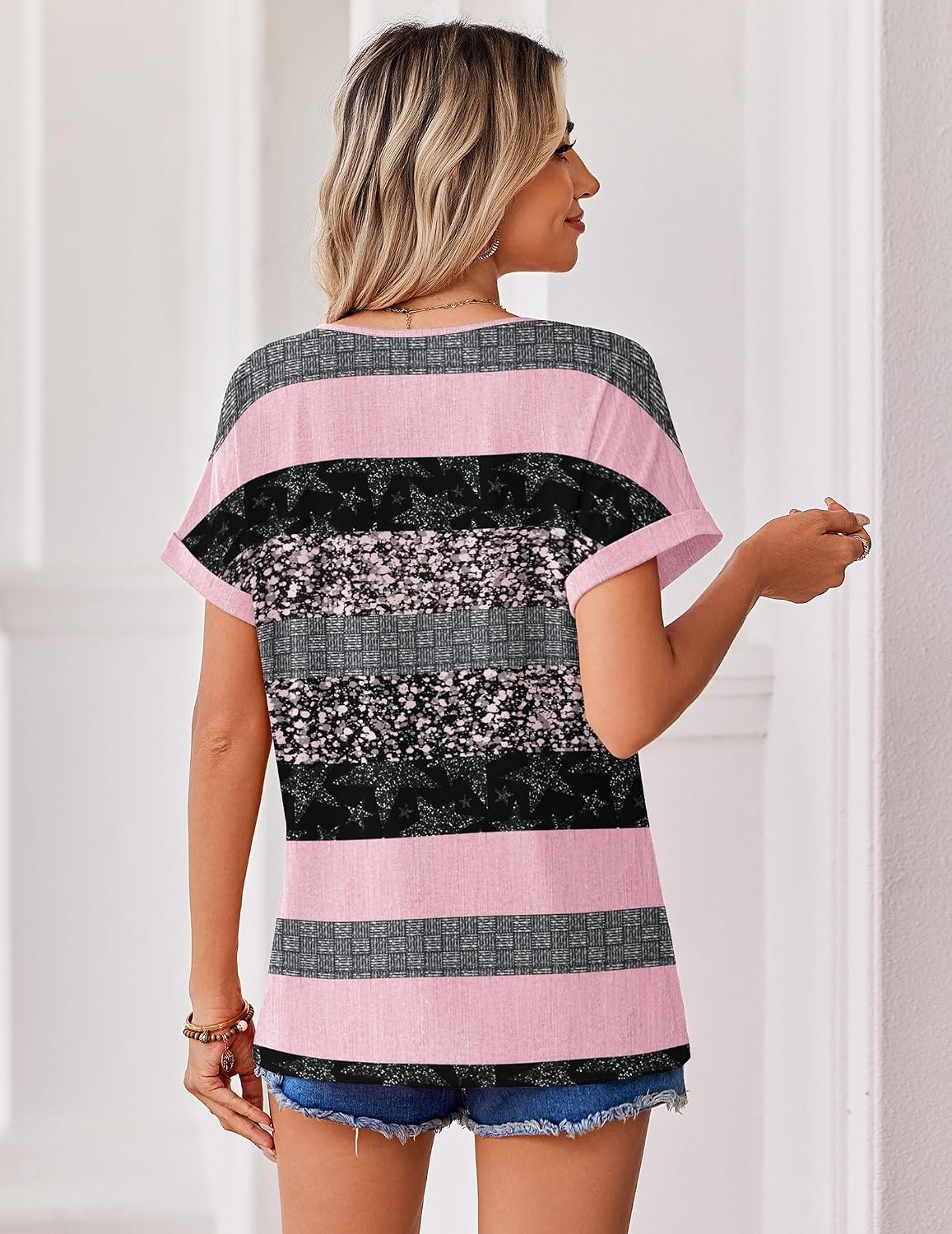 image:imageZeagoo Womens Summer Tops Rolled Short Sleeve Shirts Dressy Casual BlousesPink Stripetz245