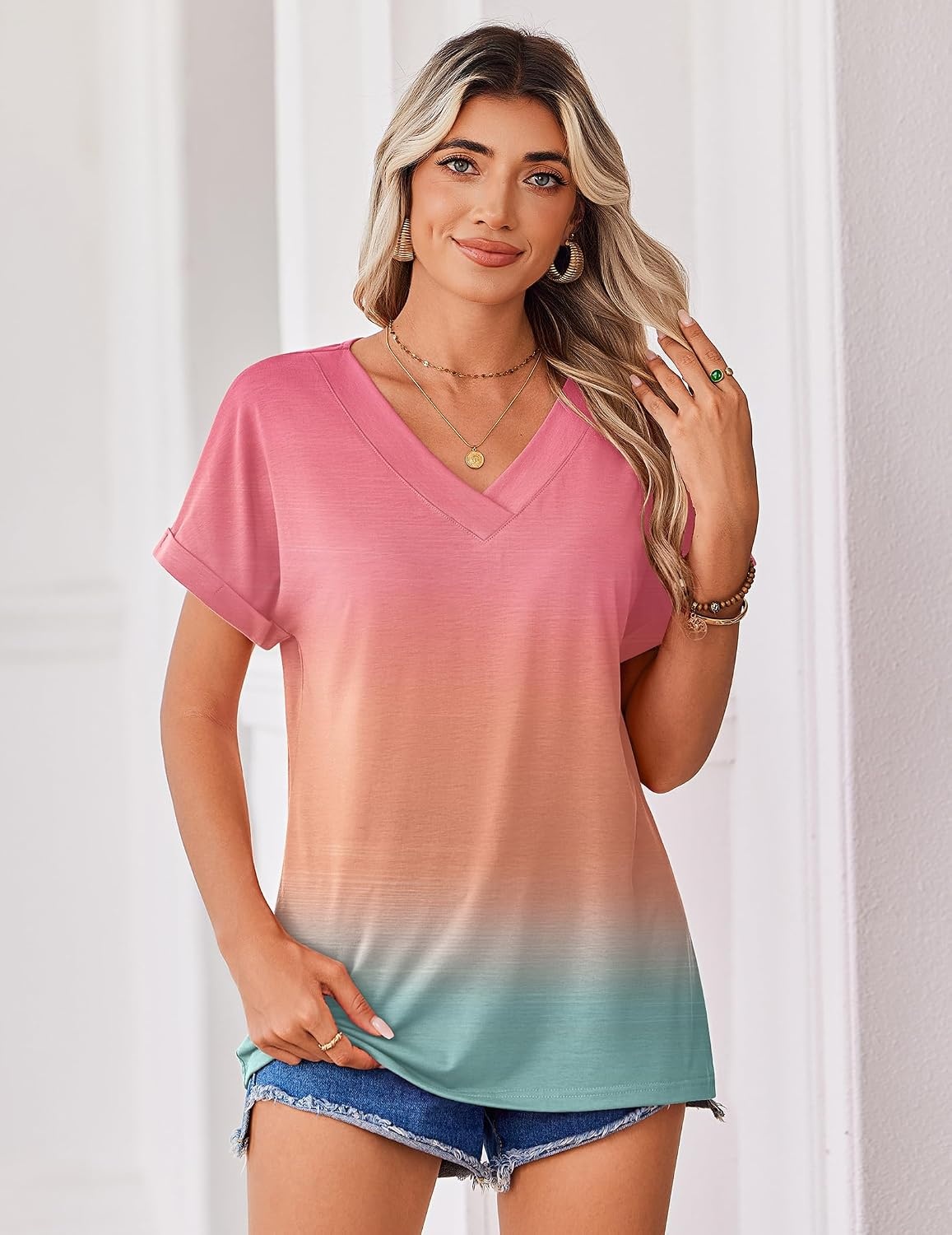 image:imageZeagoo Womens Summer Tops Rolled Short Sleeve Shirts Dressy Casual BlousesRainbowjb218