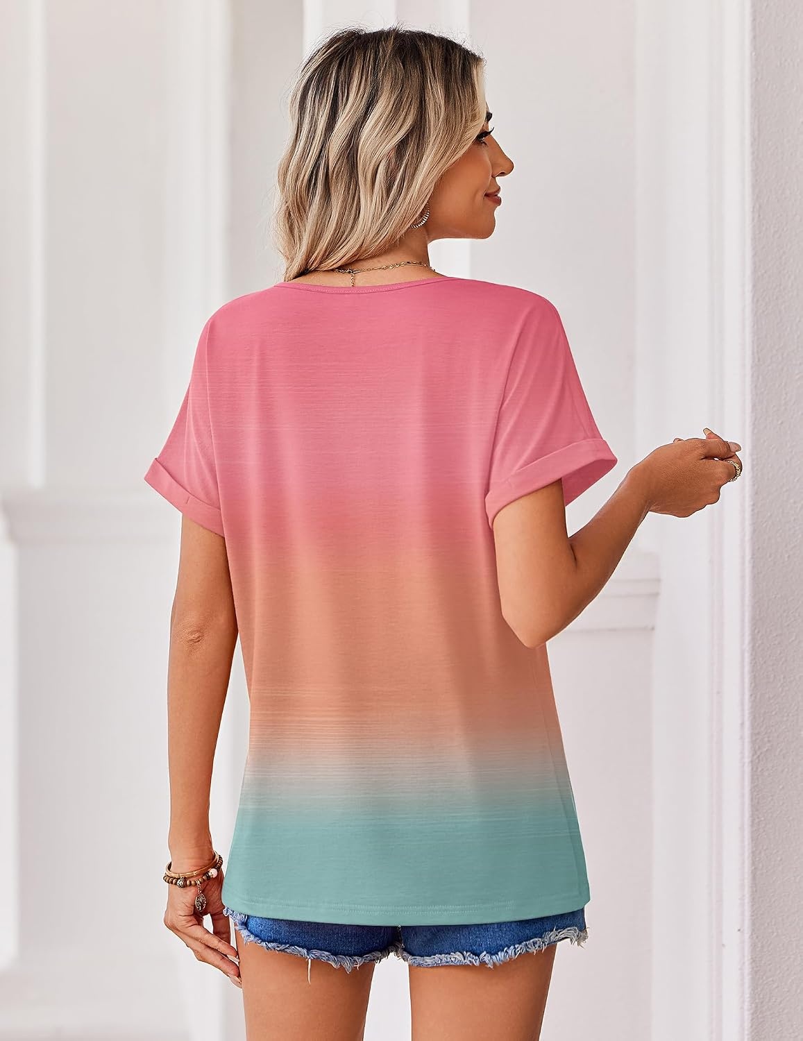 image:imageZeagoo Womens Summer Tops Rolled Short Sleeve Shirts Dressy Casual BlousesRainbowjb218